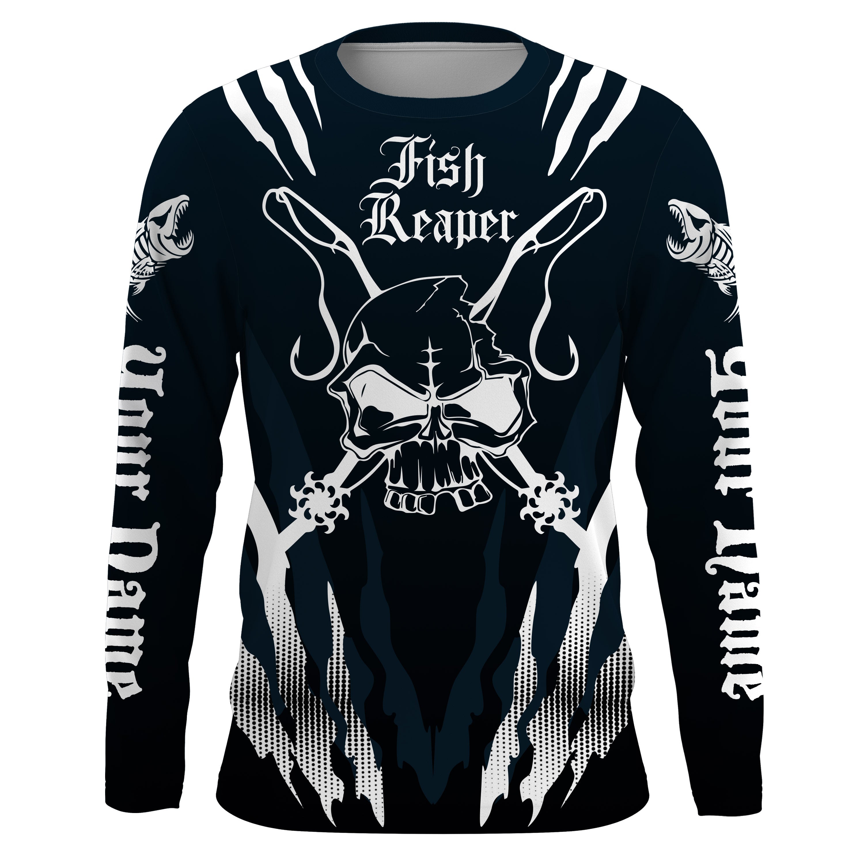 Fish reaper Custom Long Sleeve performance Fishing Shirts, Skull Fishing jerseys |black and white IPHW3017