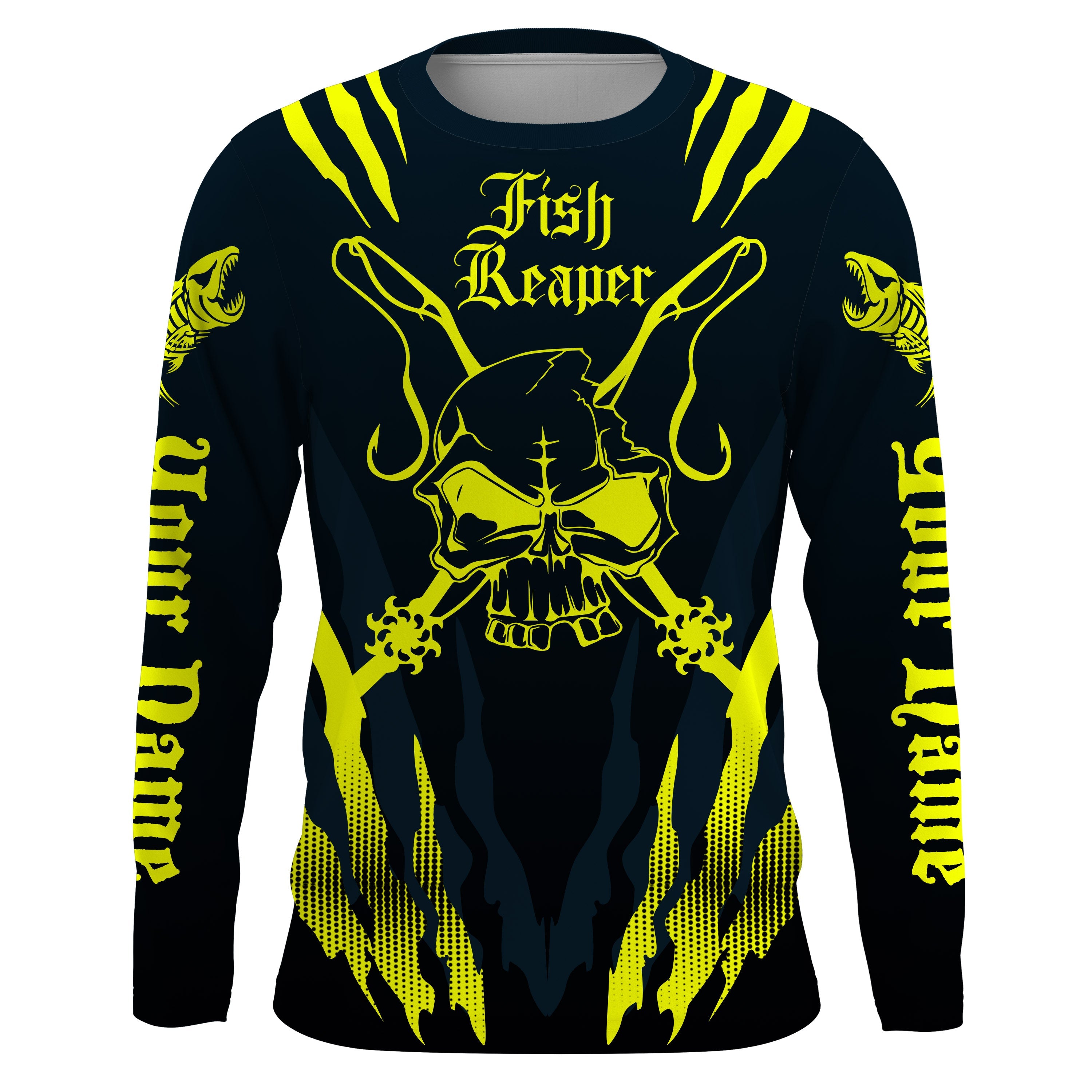 Fish reaper Custom Long Sleeve performance Fishing Shirts, Skull Fishing jerseys | yellow IPHW3030