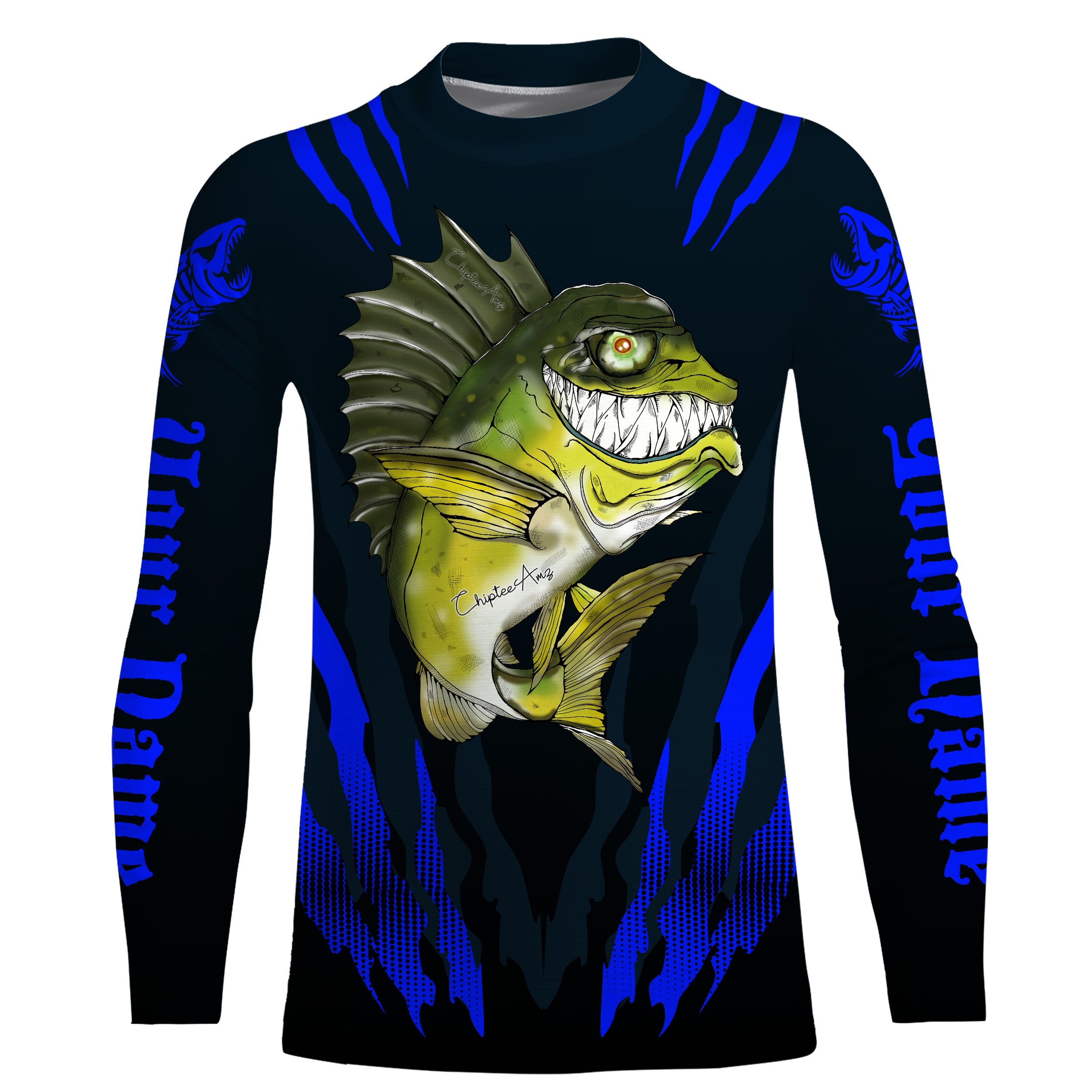 Angry Bass Fishing Custom Long sleeve Fishing Shirts, Bass fish reaper fishing jerseys | blue IPHW3375