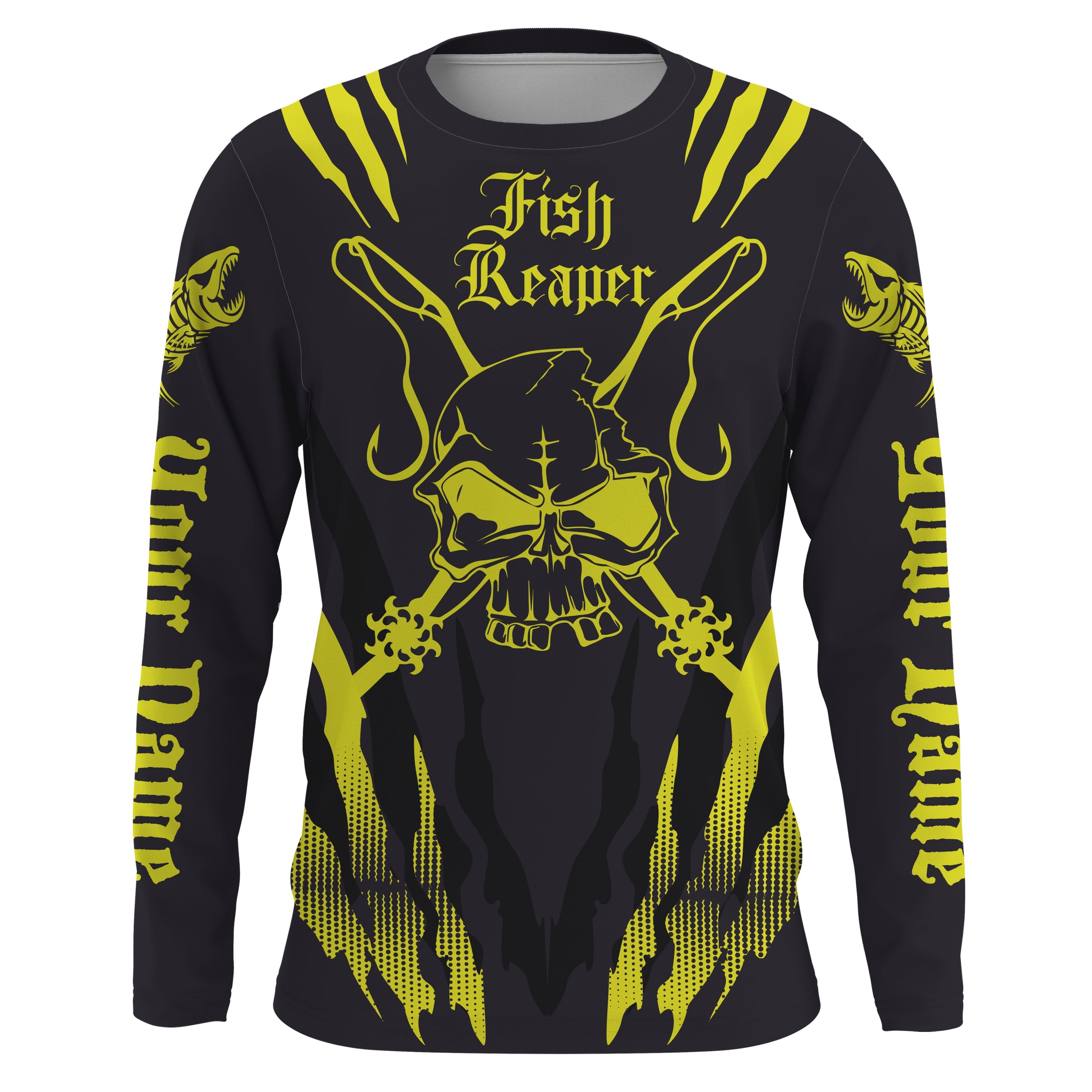 Fish reaper Custom Long Sleeve performance Fishing Shirts, Skull Fishing jerseys | yellow IPHW3058