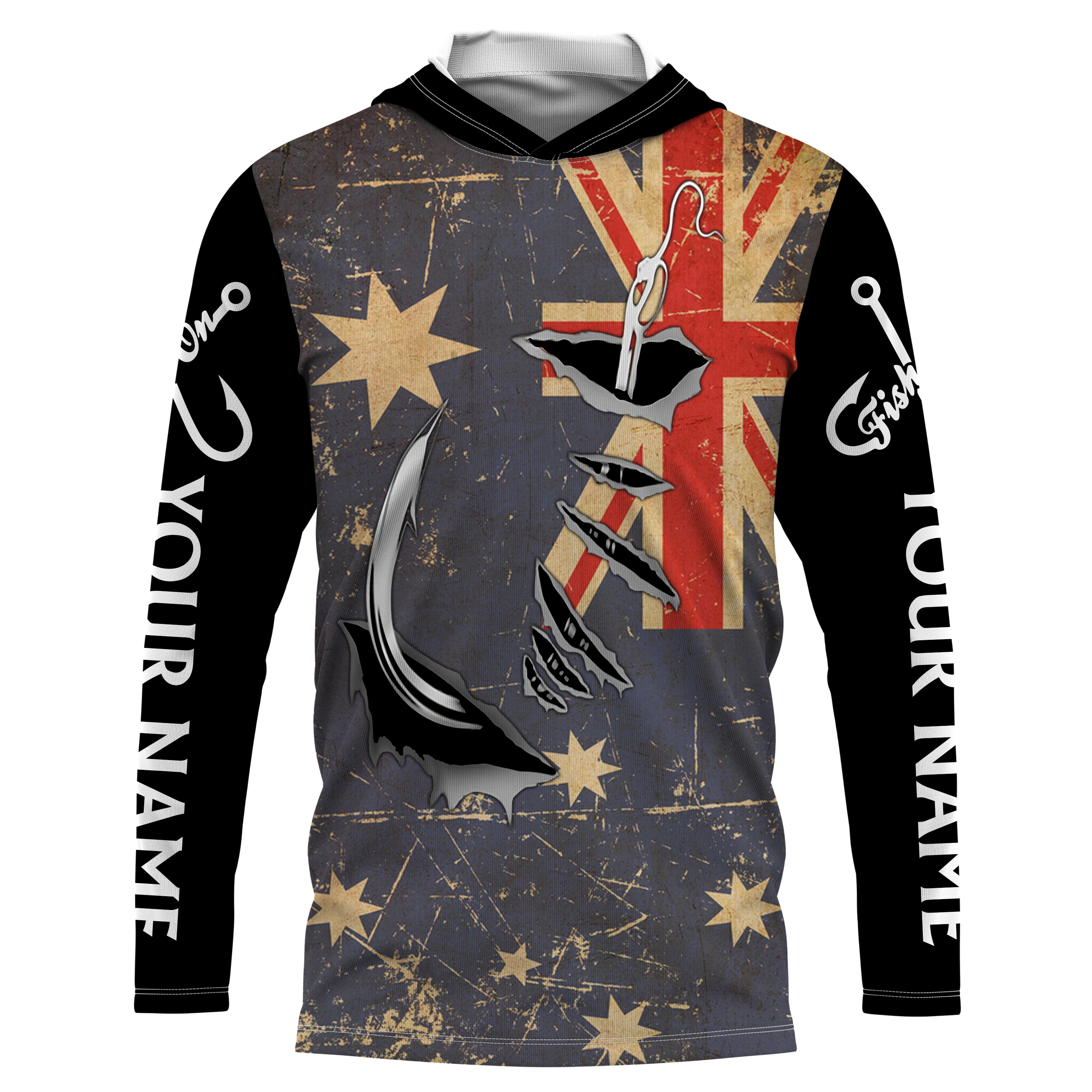 Custom fishing shirts Australia Flag Fishing Fish Hook Long sleeve, Long Sleeve Hooded Fishing Shirt - NPQ642