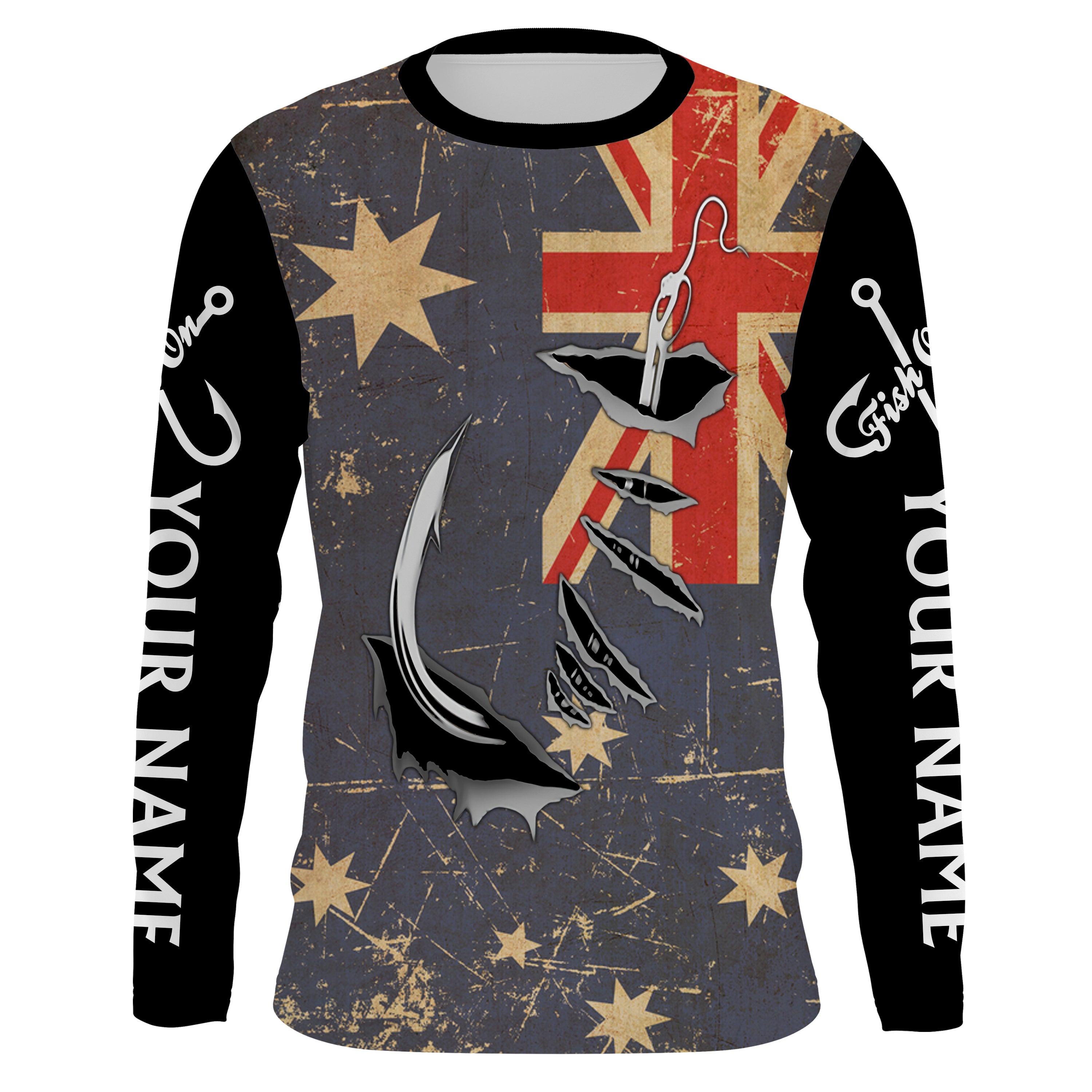 Custom fishing shirts Australia Flag Fishing Fish Hook Long sleeve, Long Sleeve Hooded Fishing Shirt - NPQ642