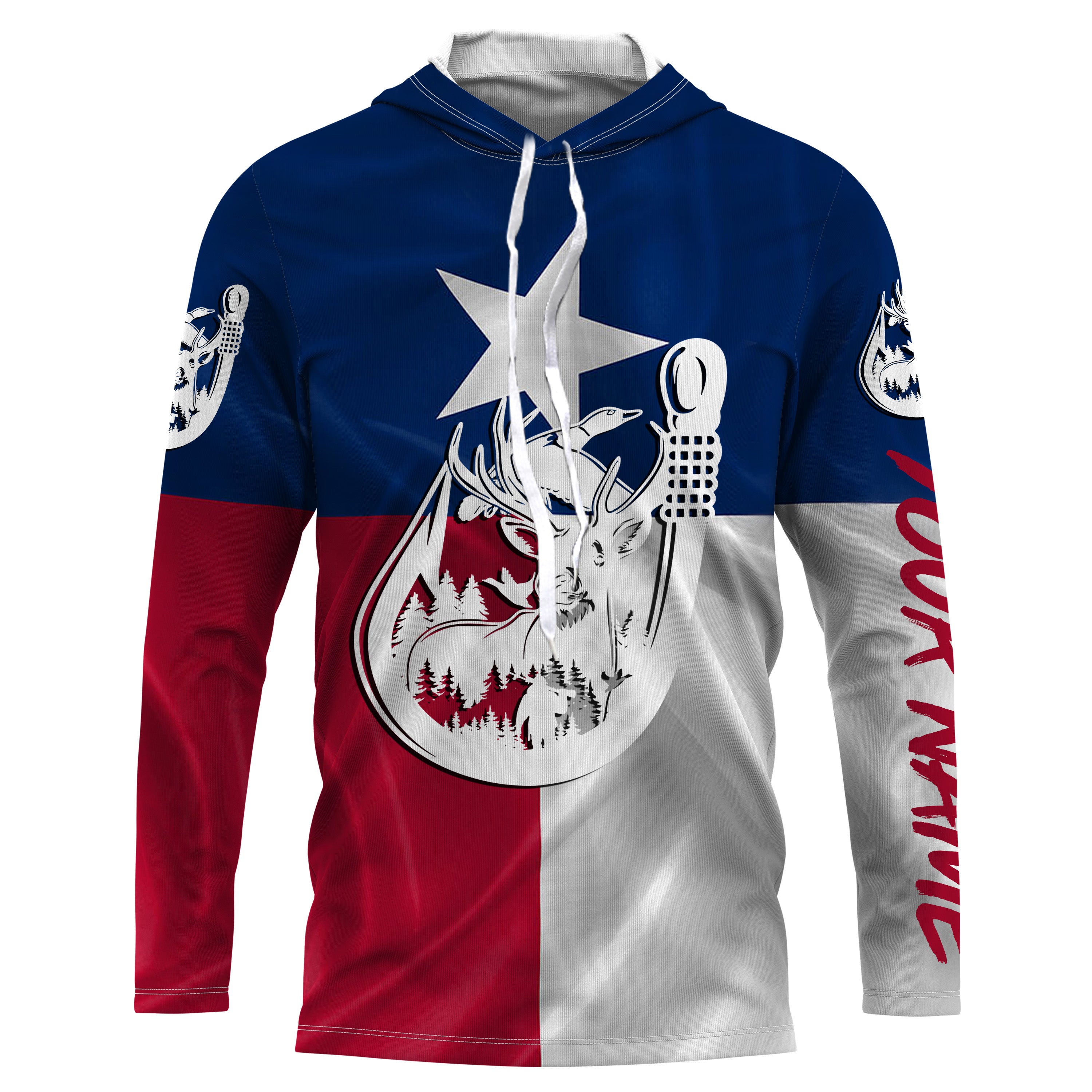 TX Texas Fishing Hunting Flag deer duck Fish hook Custom Long sleeve, Long Sleeve Hooded NPQ753