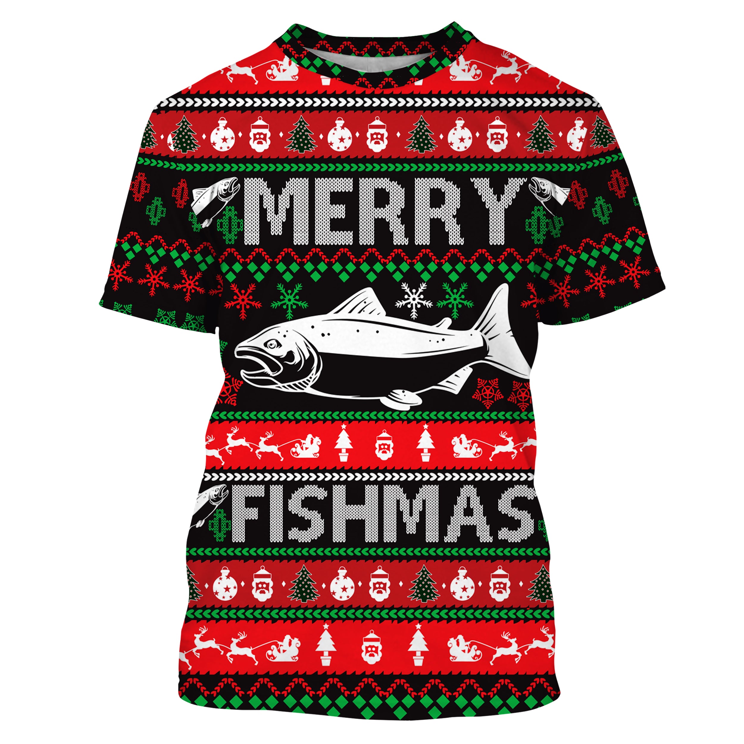 Merry Fishmas funny ugly Christmas salmon fishing T-shirt, gift for fishing lovers NPQ338