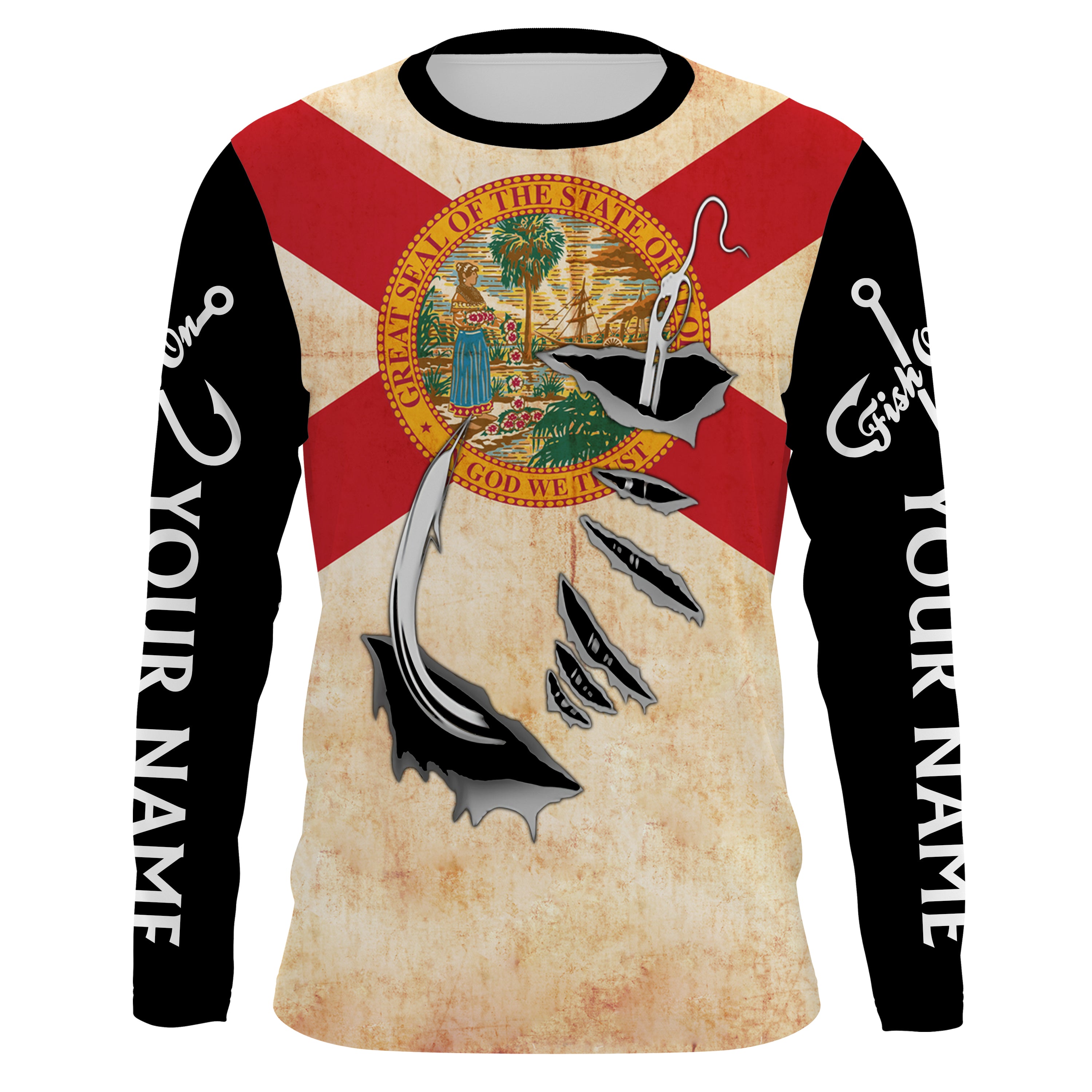 Florida Fishing 3D Fish Hook patriotic fish on Custom name fishing jerseys | Long sleeve, Long Sleeve Hooded NPQ815