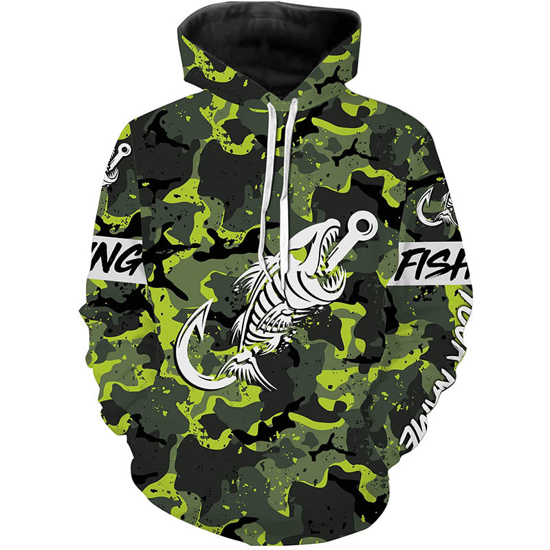 Fish hook skull Green Camo fish reaper Custom name fishing jerseys | Hoodie - NPQ838