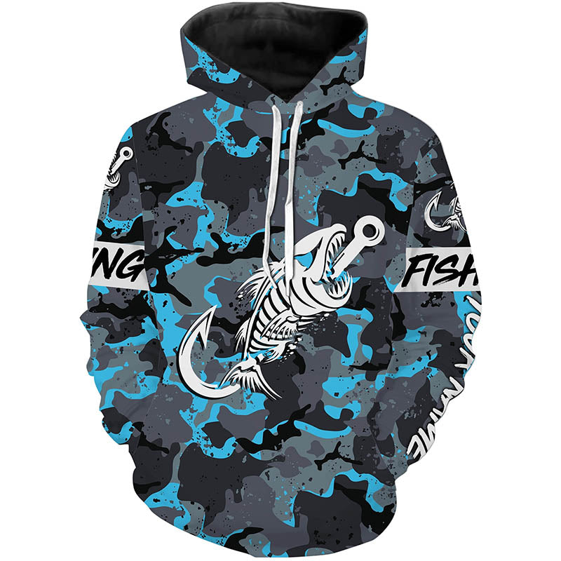 Fish hook skull blue Camo fish reaper Custom name fishing jerseys | Hoodie - NPQ839