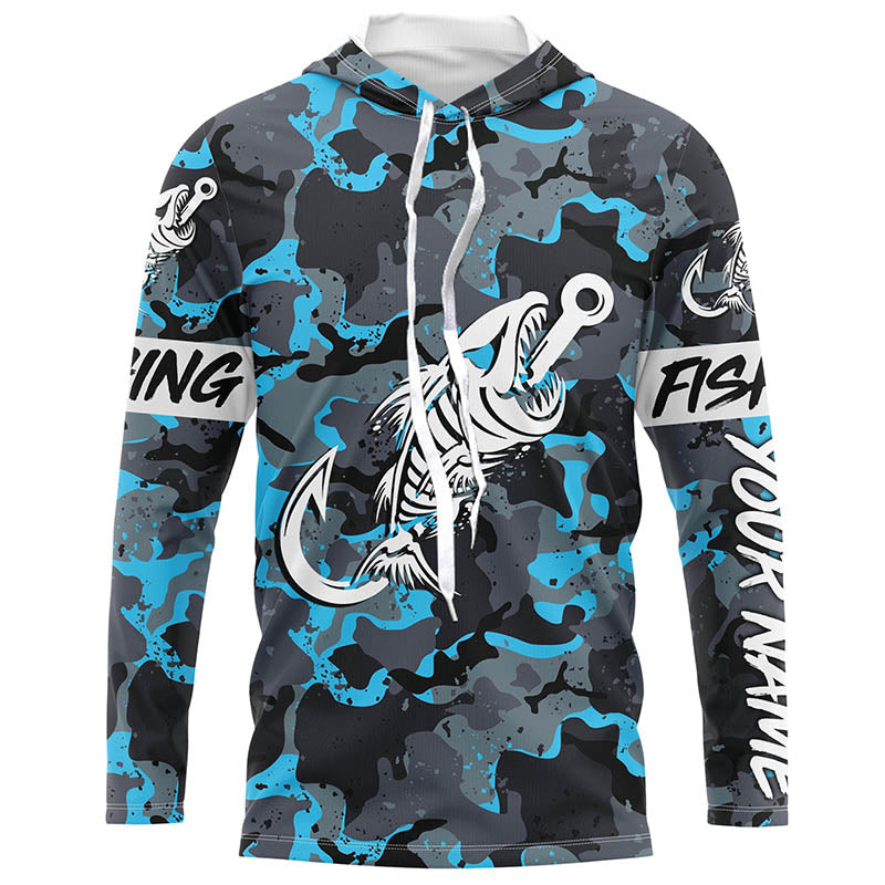 Fish hook skull blue Camo fish reaper Custom name fishing jerseys | Long sleeve, Long Sleeve Hooded NPQ839