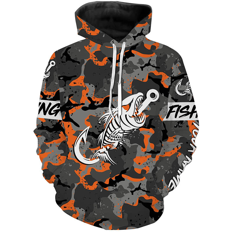 Fish hook skull orange Camo fish reaper Custom name fishing jerseys | Hoodie - NPQ840