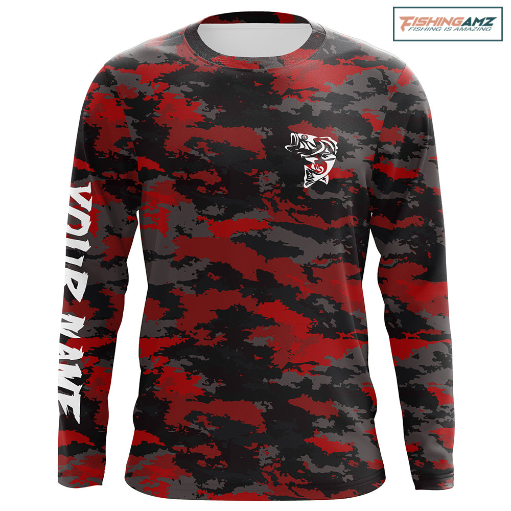 Bass fishing Red camouflage Custom Name Long sleeve, Long Sleeve Hooded Fishing Shirt - NPQ662