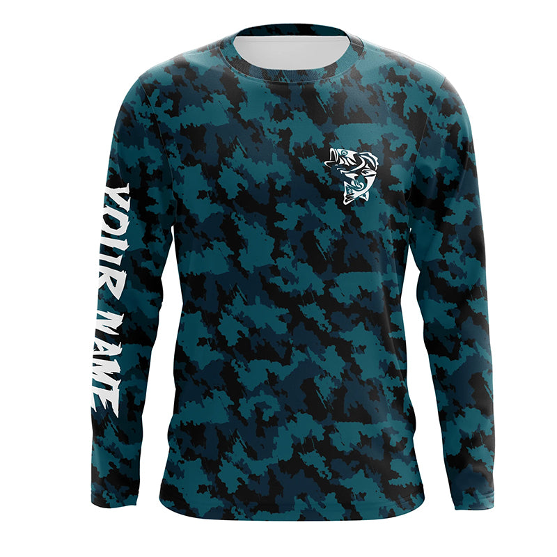 Custom Bass Fishing Jerseys, Personalized Bass fishing blue camouflage fishing Long sleeve shirts NQS4934