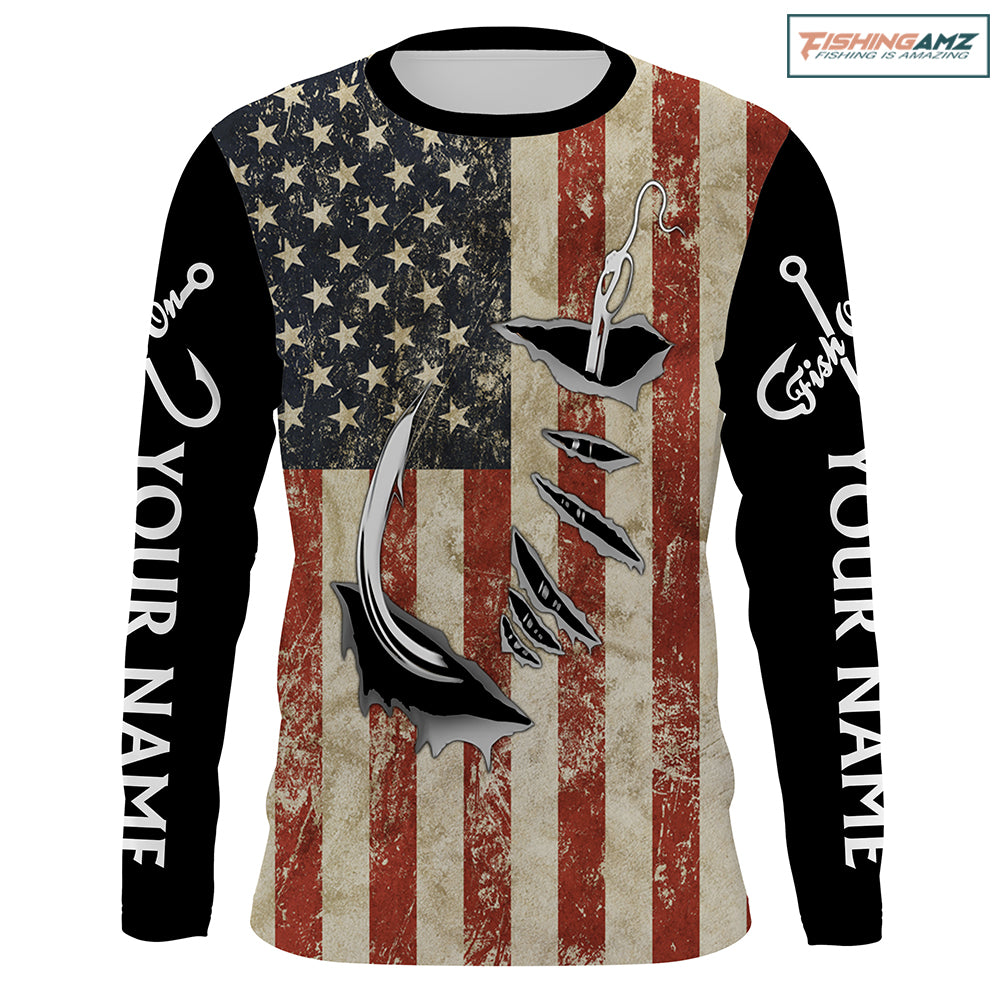 US Fishing Fish Hook American Flag patriotic Customize Name long sleeves fishing shirt for kid NPQ71