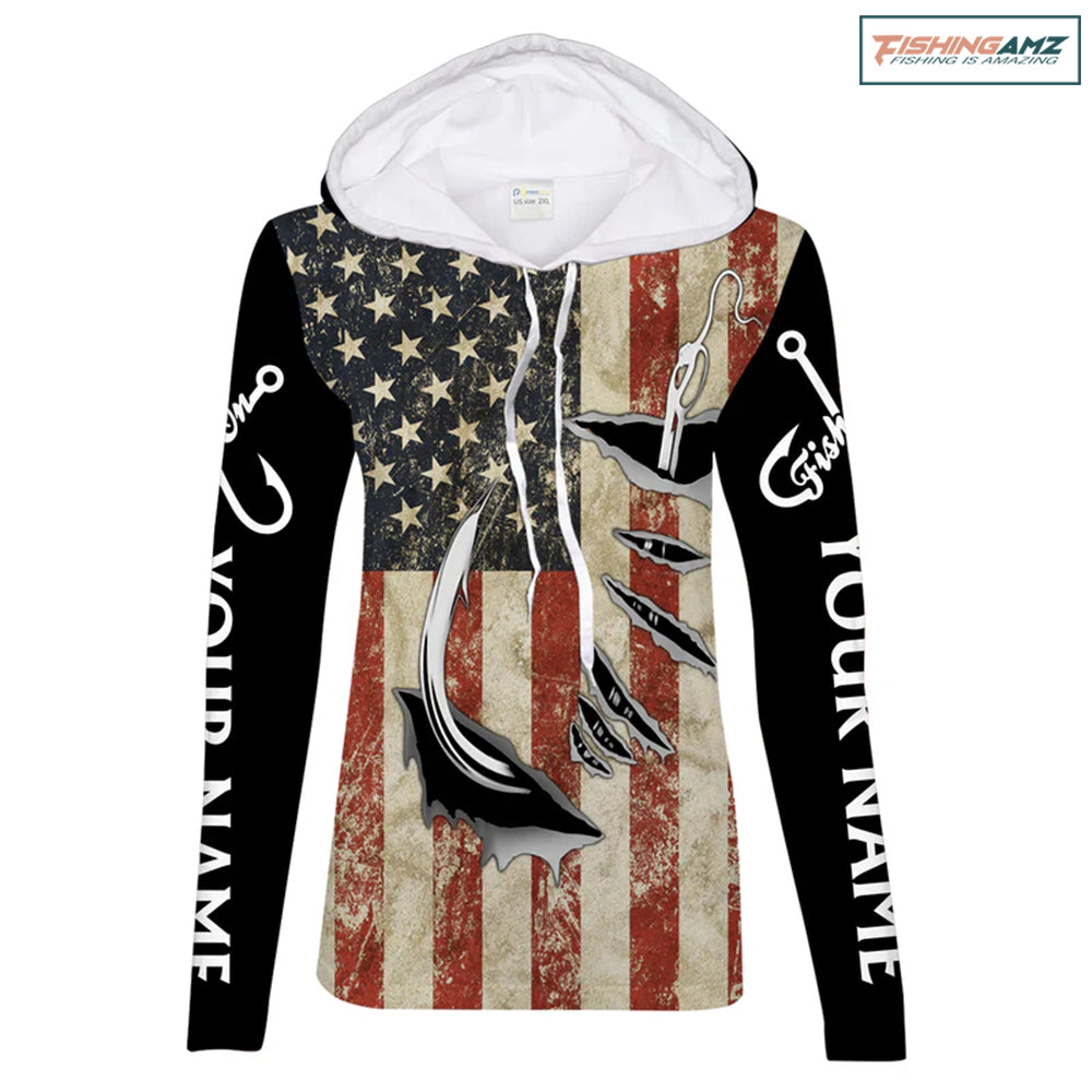 US Fishing Fish Hook American Flag patriotic Custom Name long sleeves fishing shirt for women NPQ71