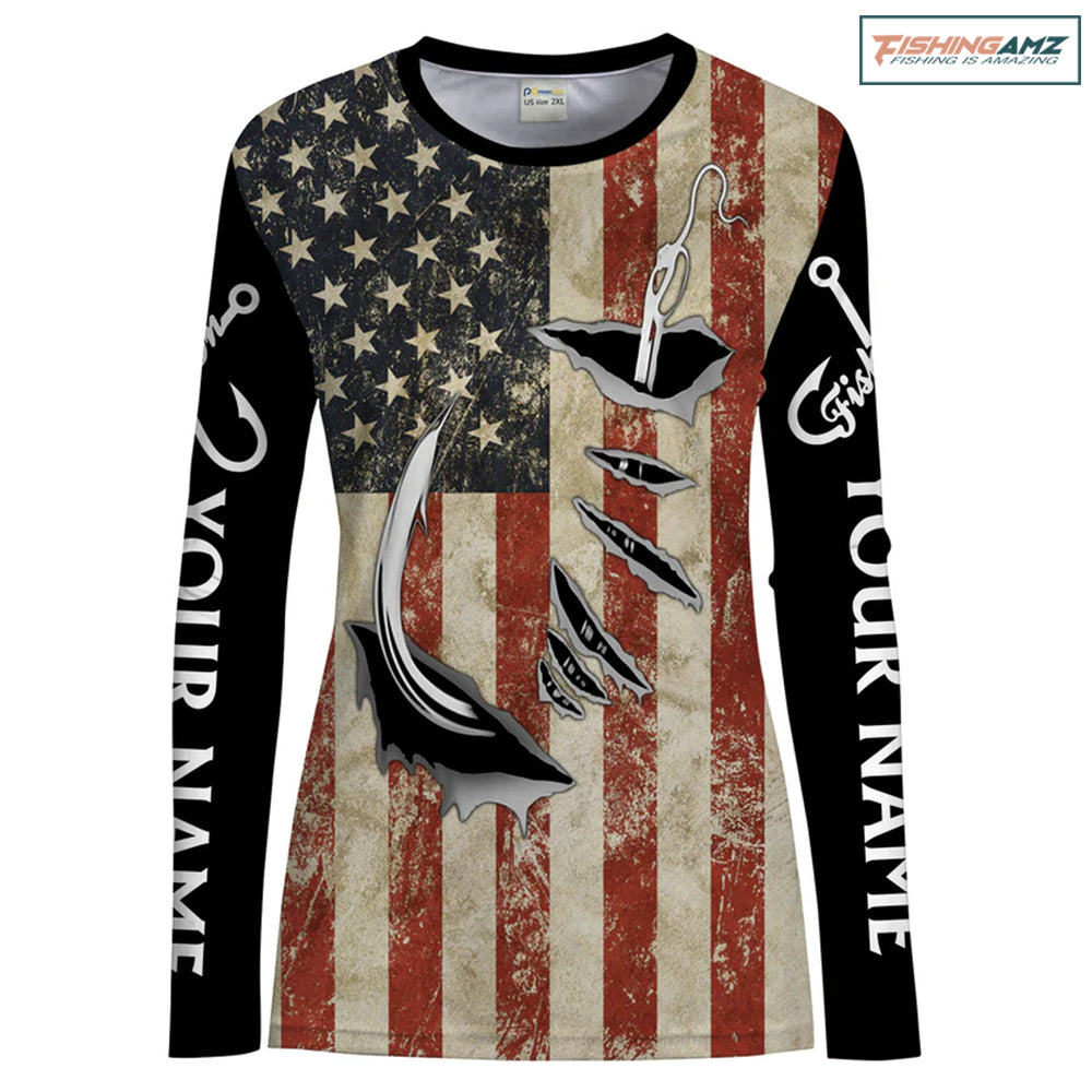 US Fishing Fish Hook American Flag patriotic Custom Name long sleeves fishing shirt for women NPQ71