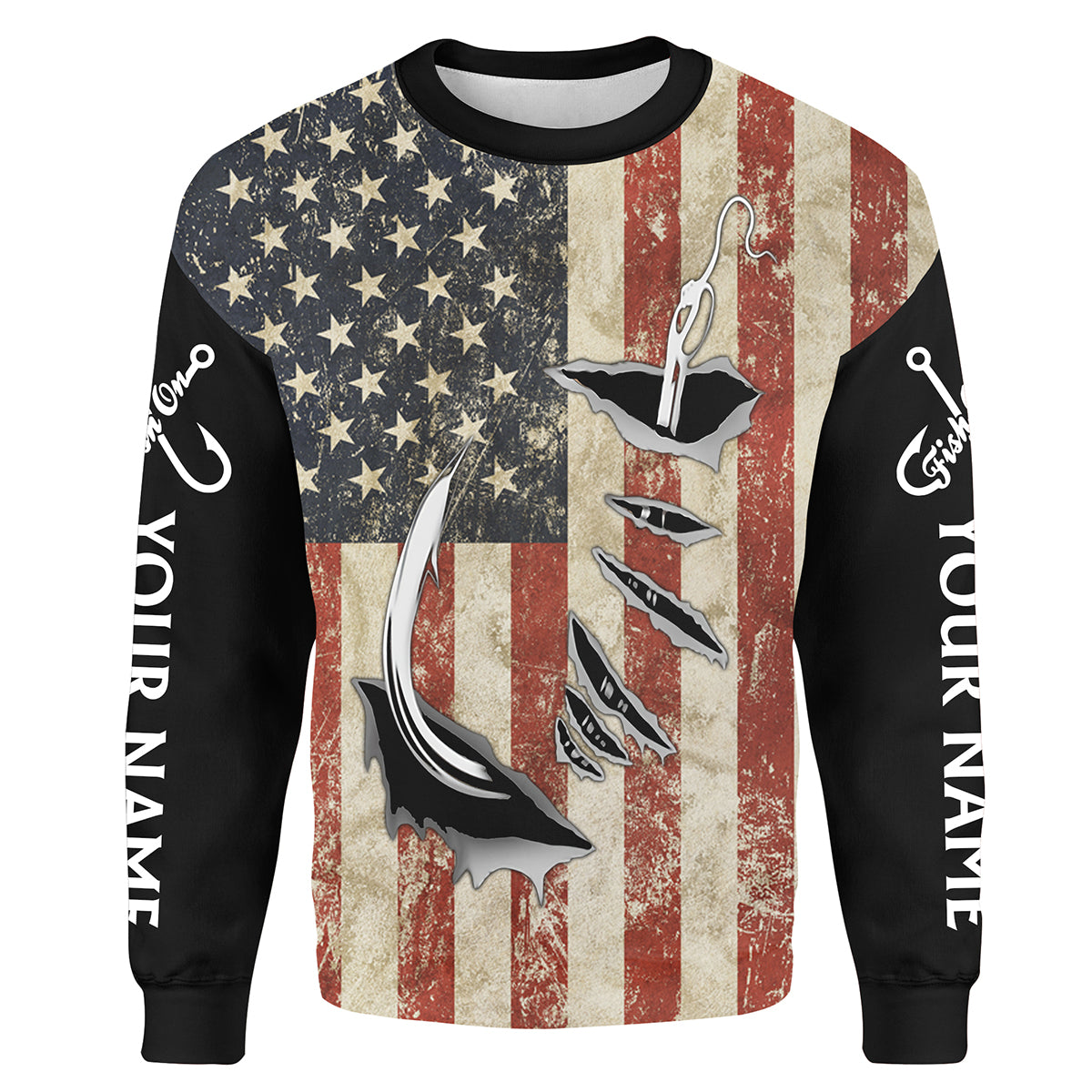 US Fishing 3D Fish Hook American Flag patriotic fish on Customize name 3D All-over Print Crew Neck Sweatshirt NPQ71