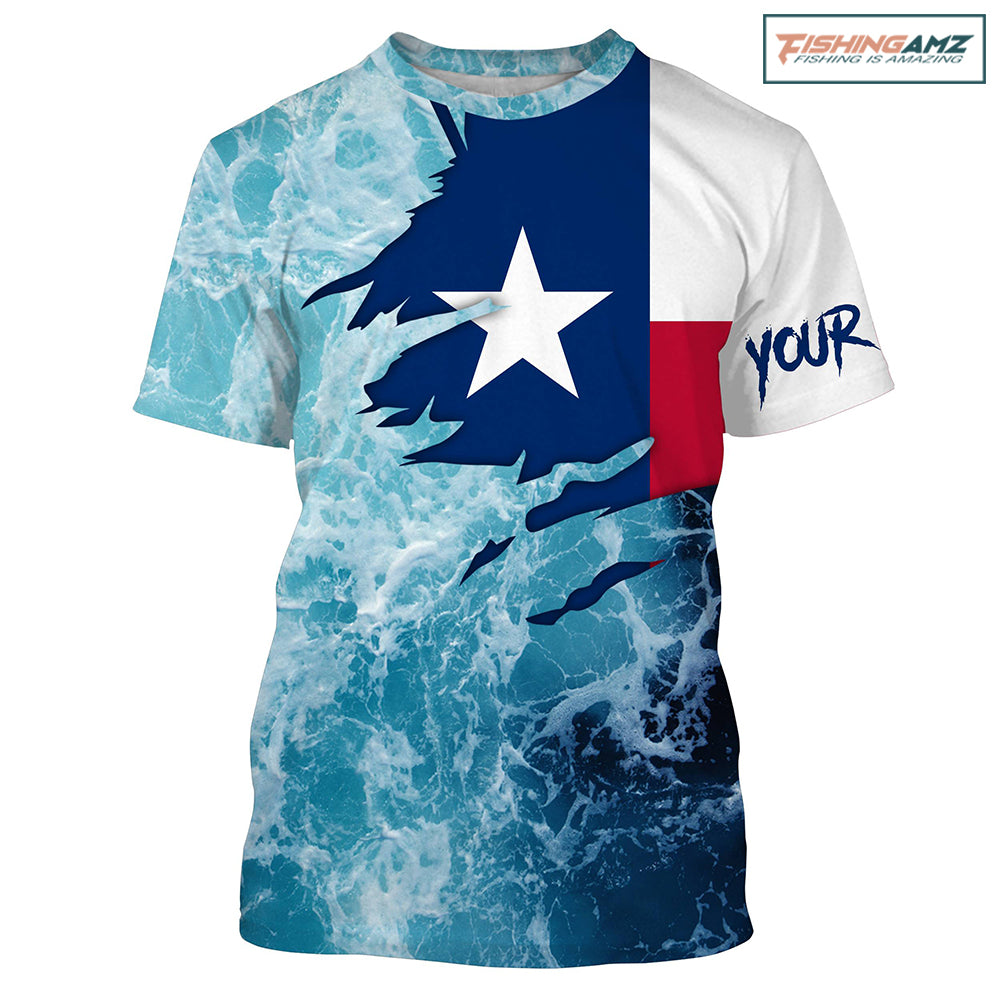 Texas flag fishing Saltwater Sea wave camo blue Fishing Shirts Custom fishing T-shirt NPQ430