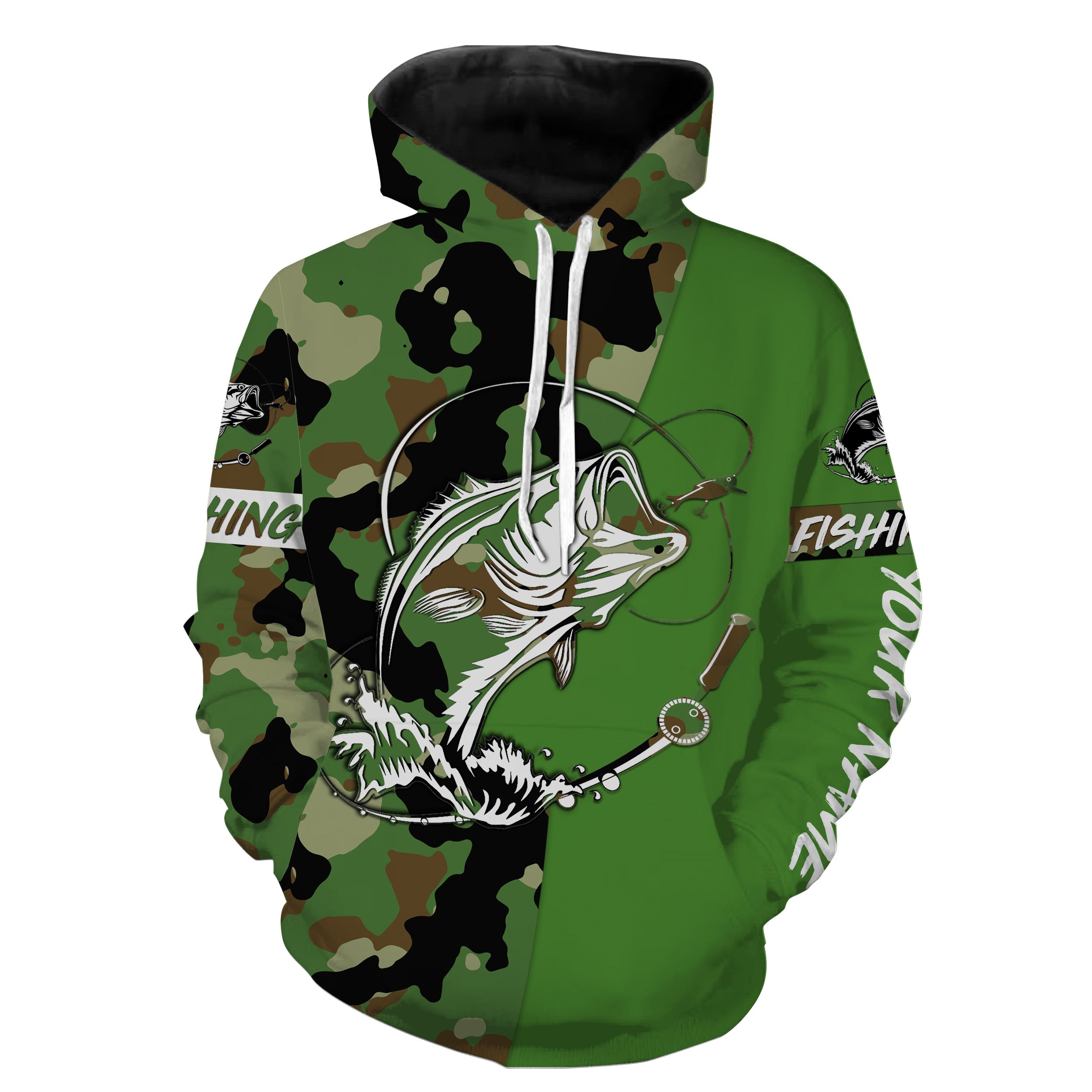 Custom Name largemouth bass fishing tattoos Camouflage green camo shirt Custom fishing hoodie NPQ433
