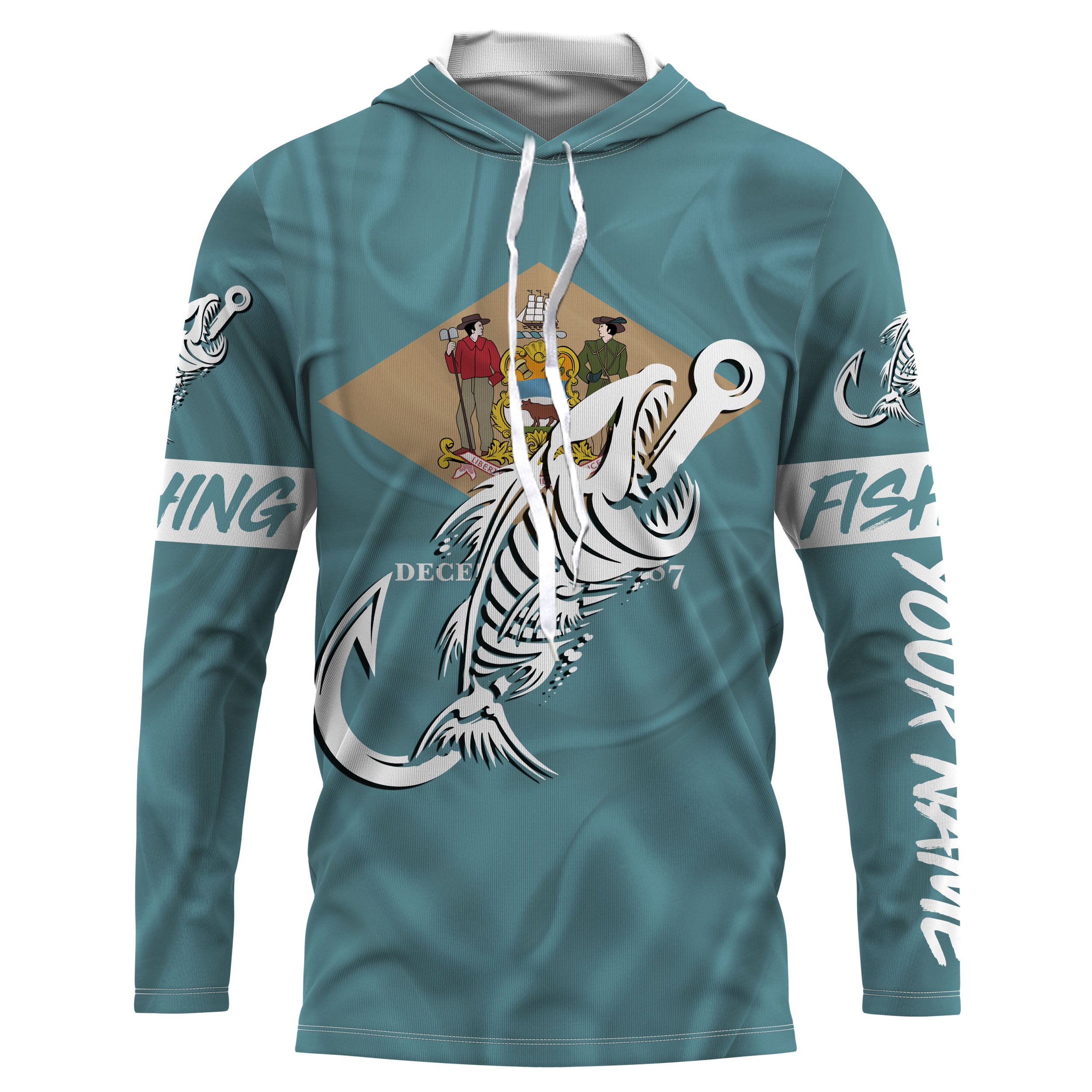 DE Fishing Custom Delaware Flag Fish hook skull Custom Long sleeve, Long Sleeve Hooded NPQ727