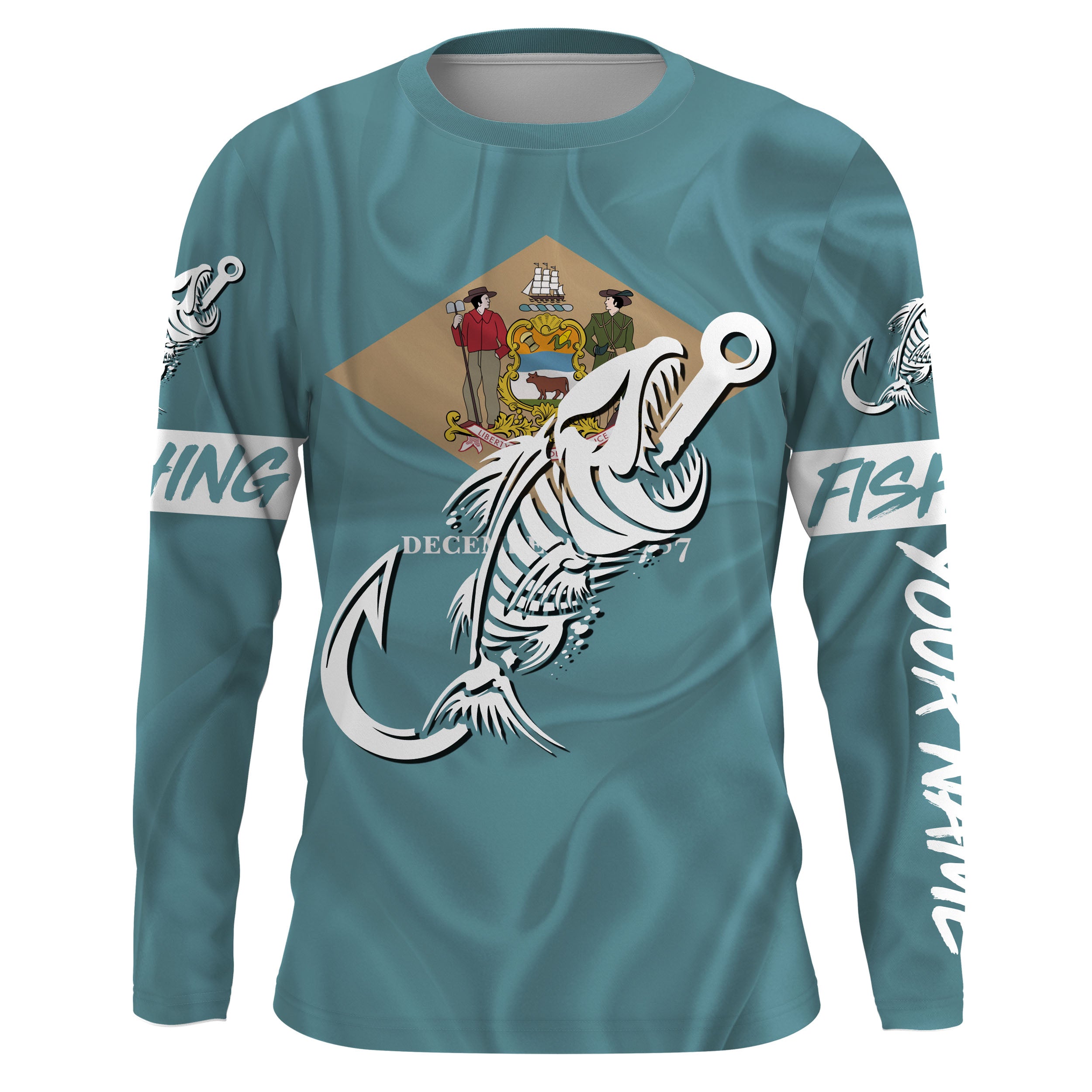DE Fishing Custom Delaware Flag Fish hook skull Custom Long sleeve, Long Sleeve Hooded NPQ727
