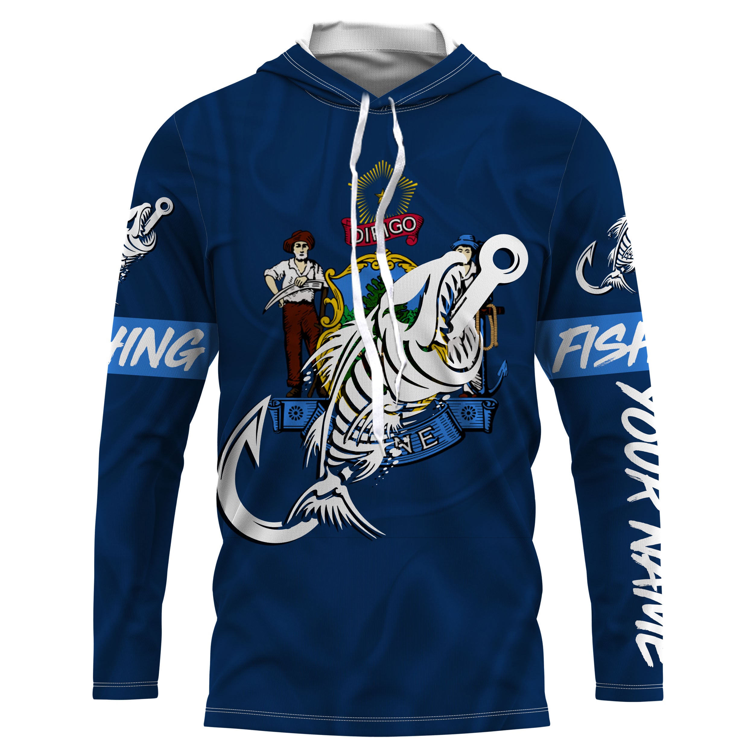 ME Maine Fishing Flag Fish hook skull Custom name jerseys | Long sleeve, Long Sleeve Hooded NPQ730