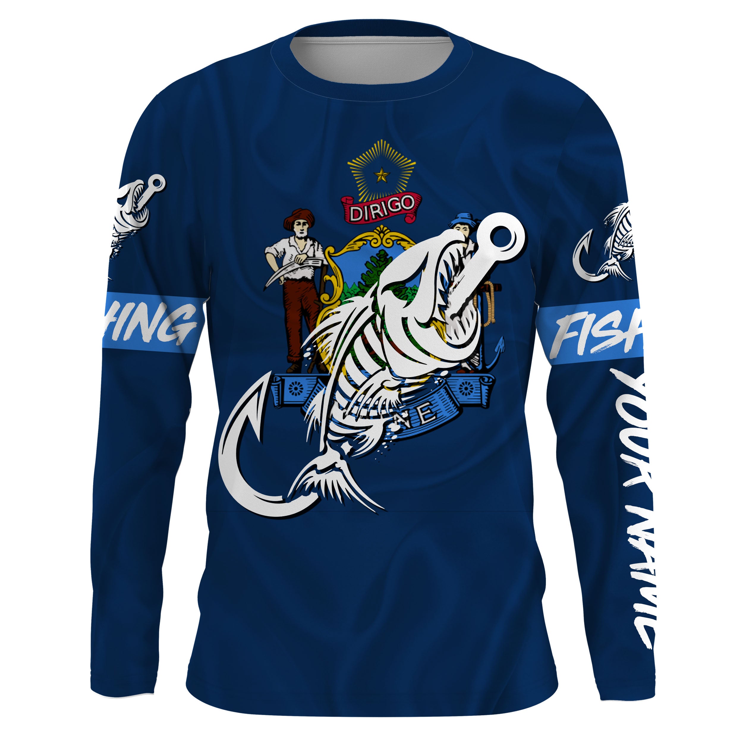 ME Maine Fishing Flag Fish hook skull Custom name jerseys | Long sleeve, Long Sleeve Hooded NPQ730