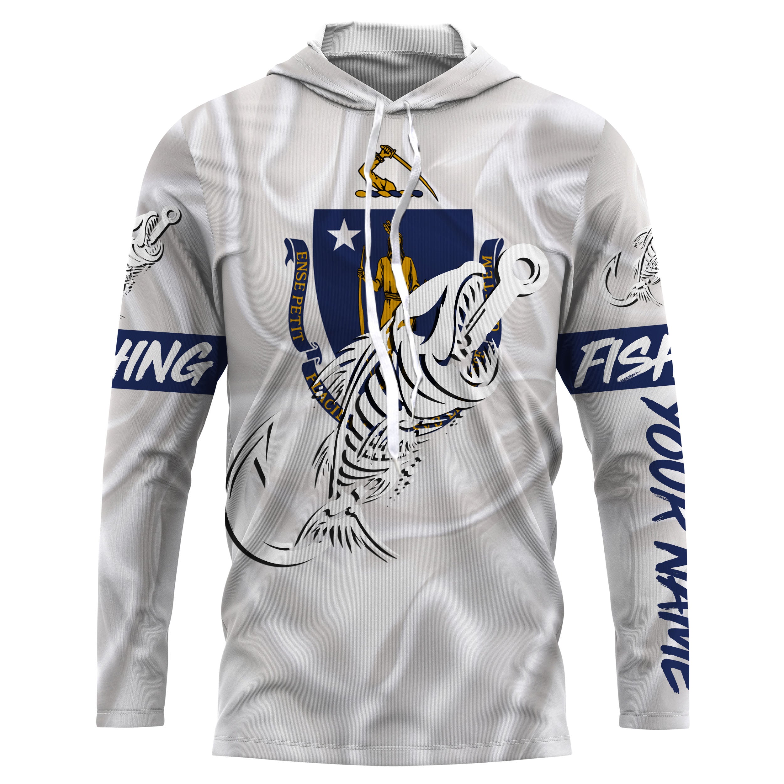 MA Massachusetts Fishing Flag Fish hook skull Custom name jerseys | Long sleeve, Long Sleeve Hooded NPQ731