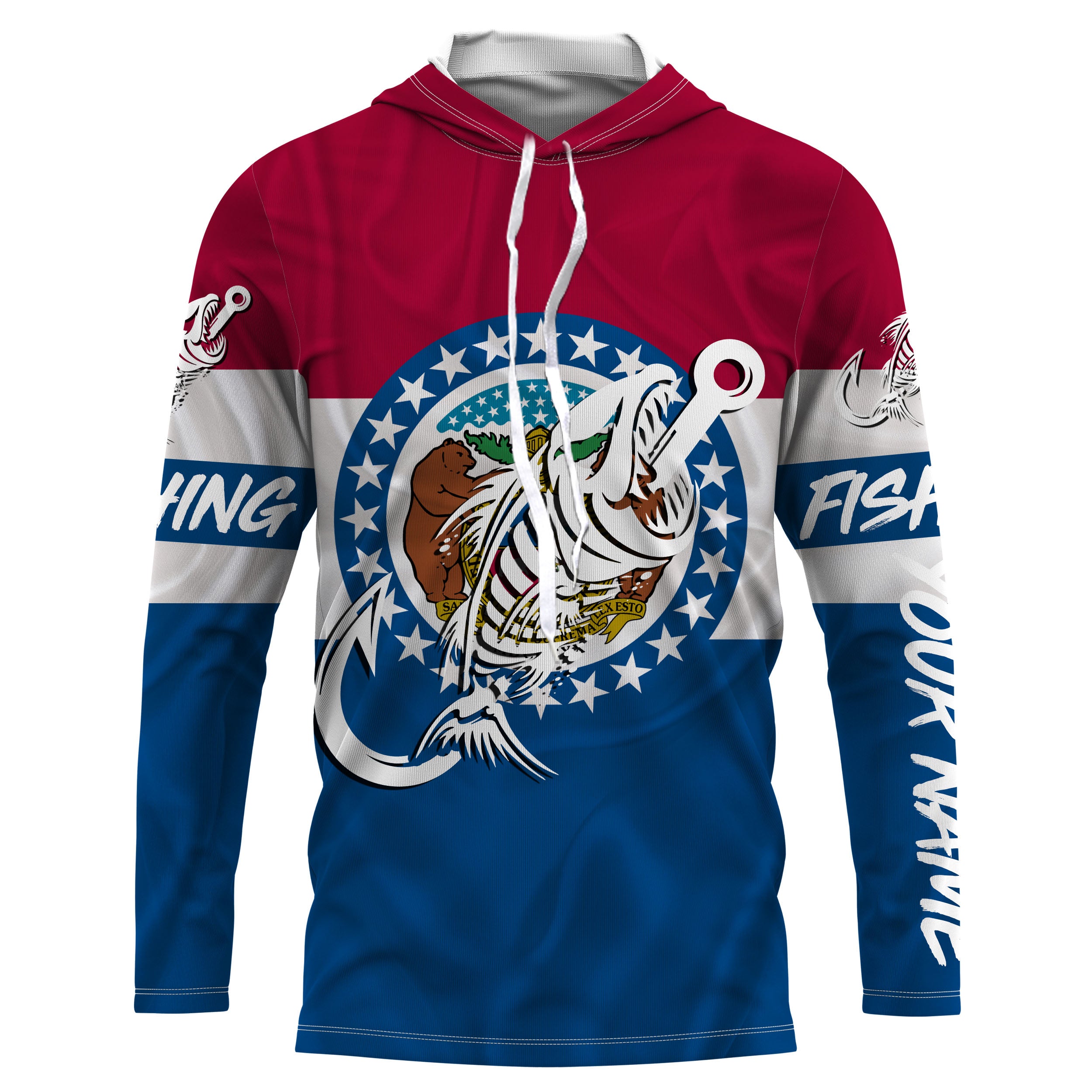 MO Missouri Fishing Flag Fish hook skull Custom name jerseys | Long sleeve, Long Sleeve Hooded NPQ732