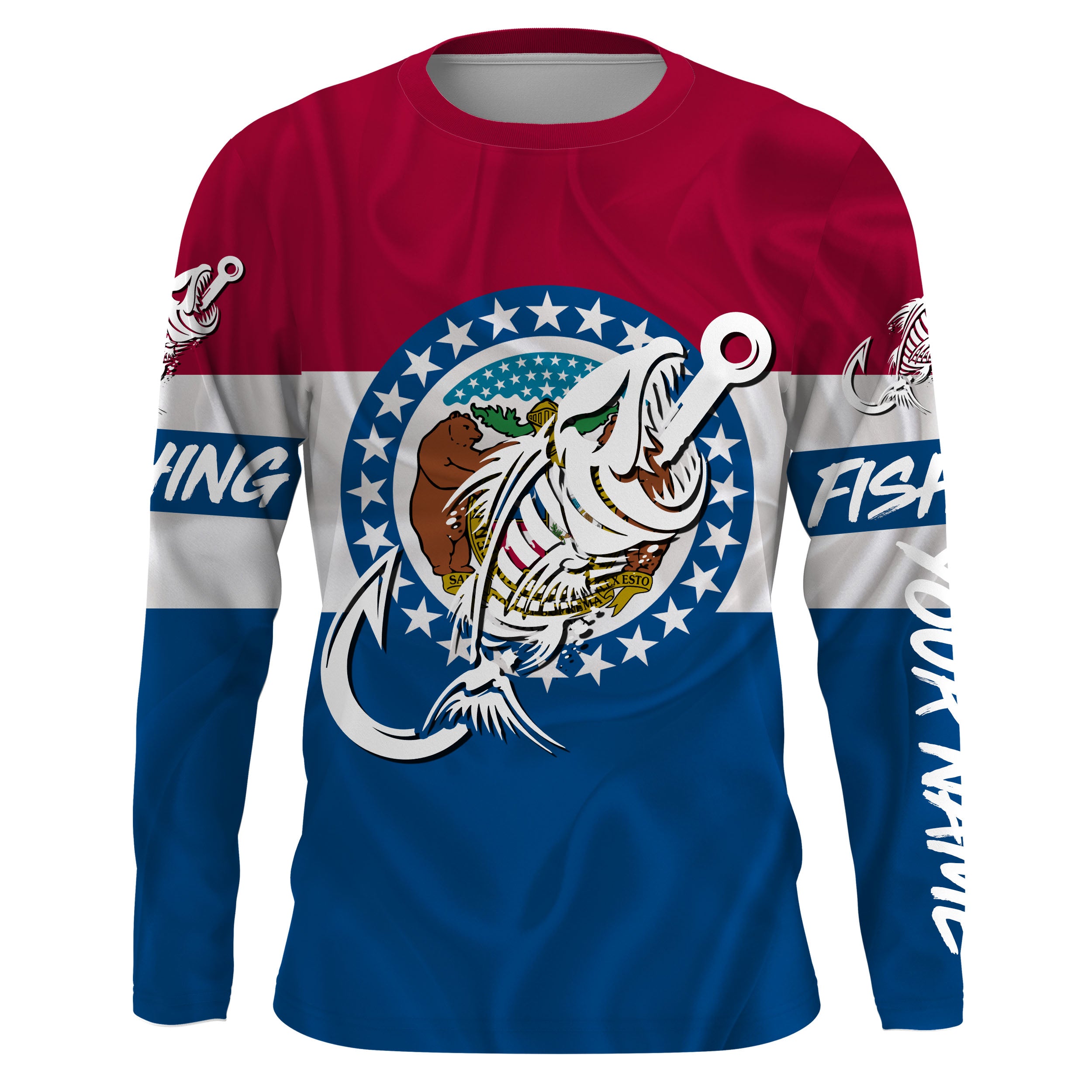 MO Missouri Fishing Flag Fish hook skull Custom name jerseys | Long sleeve, Long Sleeve Hooded NPQ732