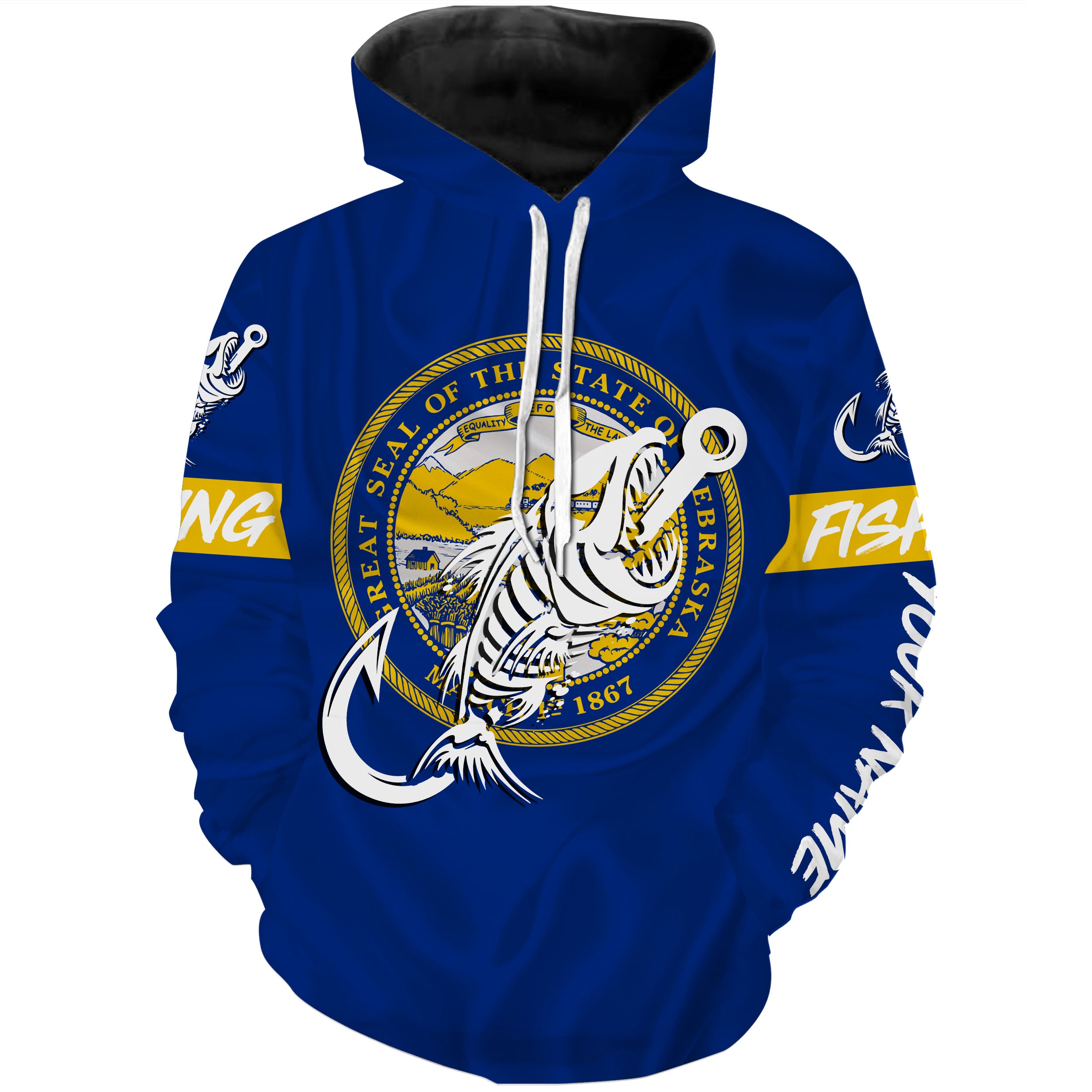 NE Nebraska Fishing Flag Fish hook skull Custom name performance fishing jerseys | Hoodie - NPQ733