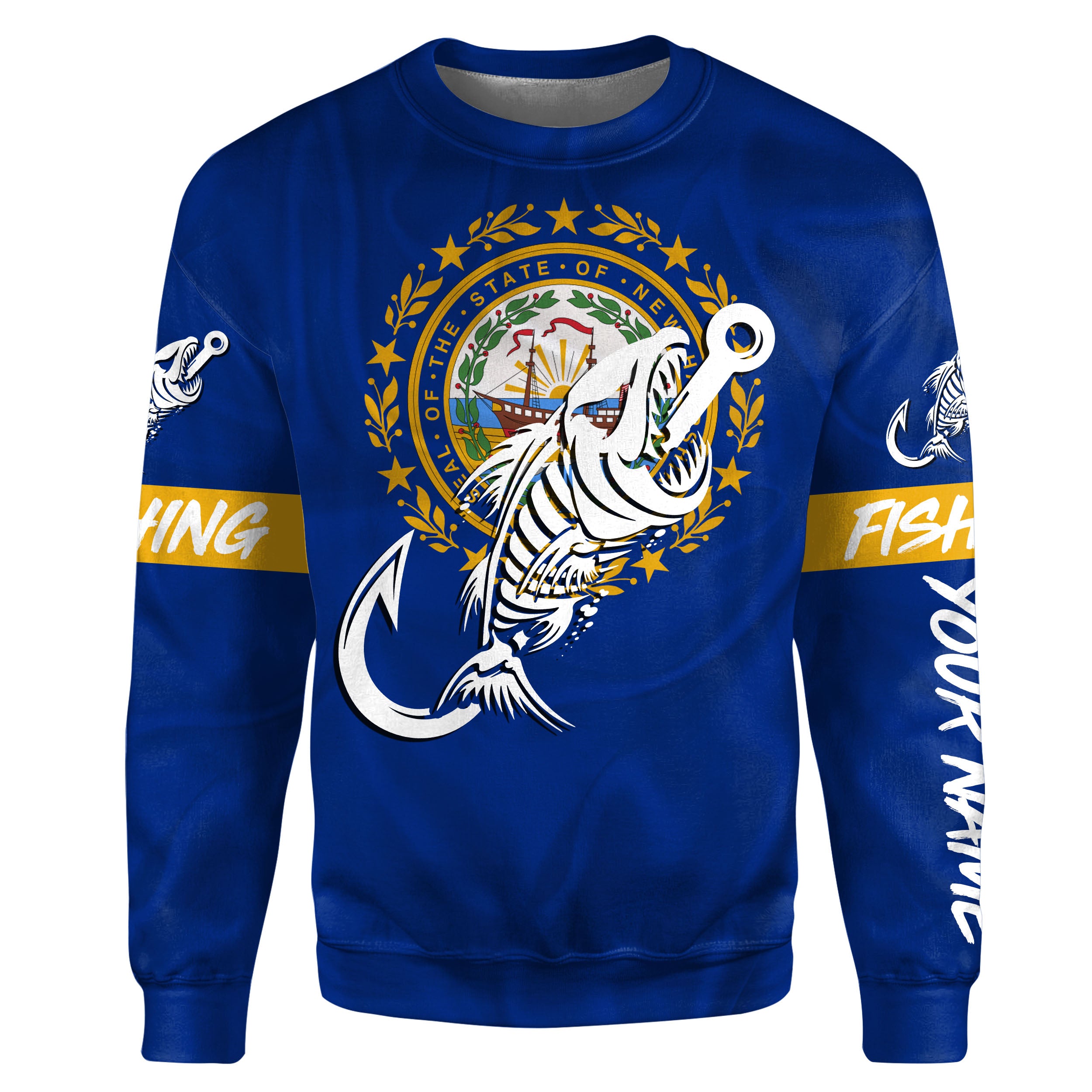 NH New Hampshire Fishing Flag Fish hook skull Custom name fishing jerseys | Sweatshirt - NPQ735