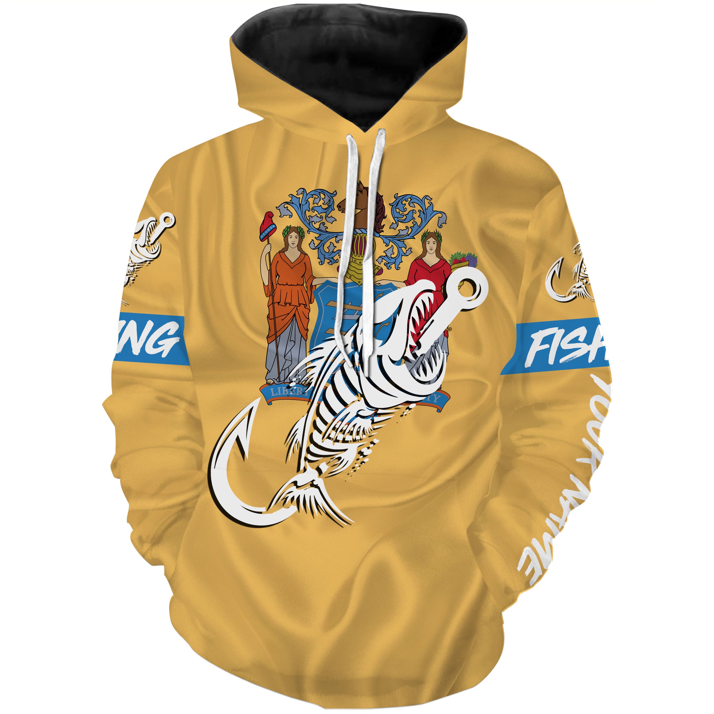 NJ New Jersey Fishing Flag Fish hook skull Custom name performance fishing jerseys | Hoodie - NPQ736
