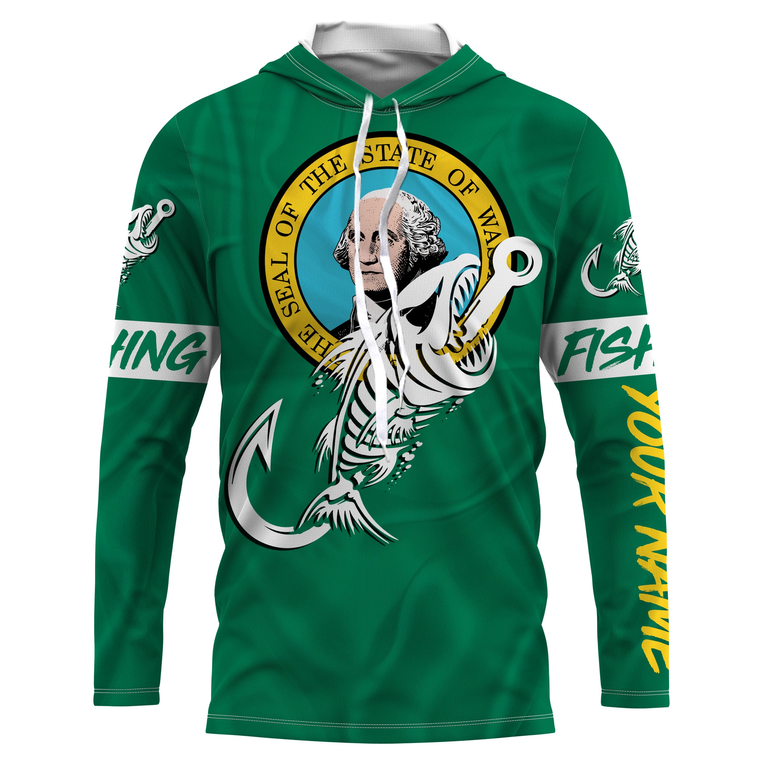 WA Washington Fishing Flag Fish hook skull Custom name jerseys | Long sleeve, Long Sleeve Hooded NPQ744