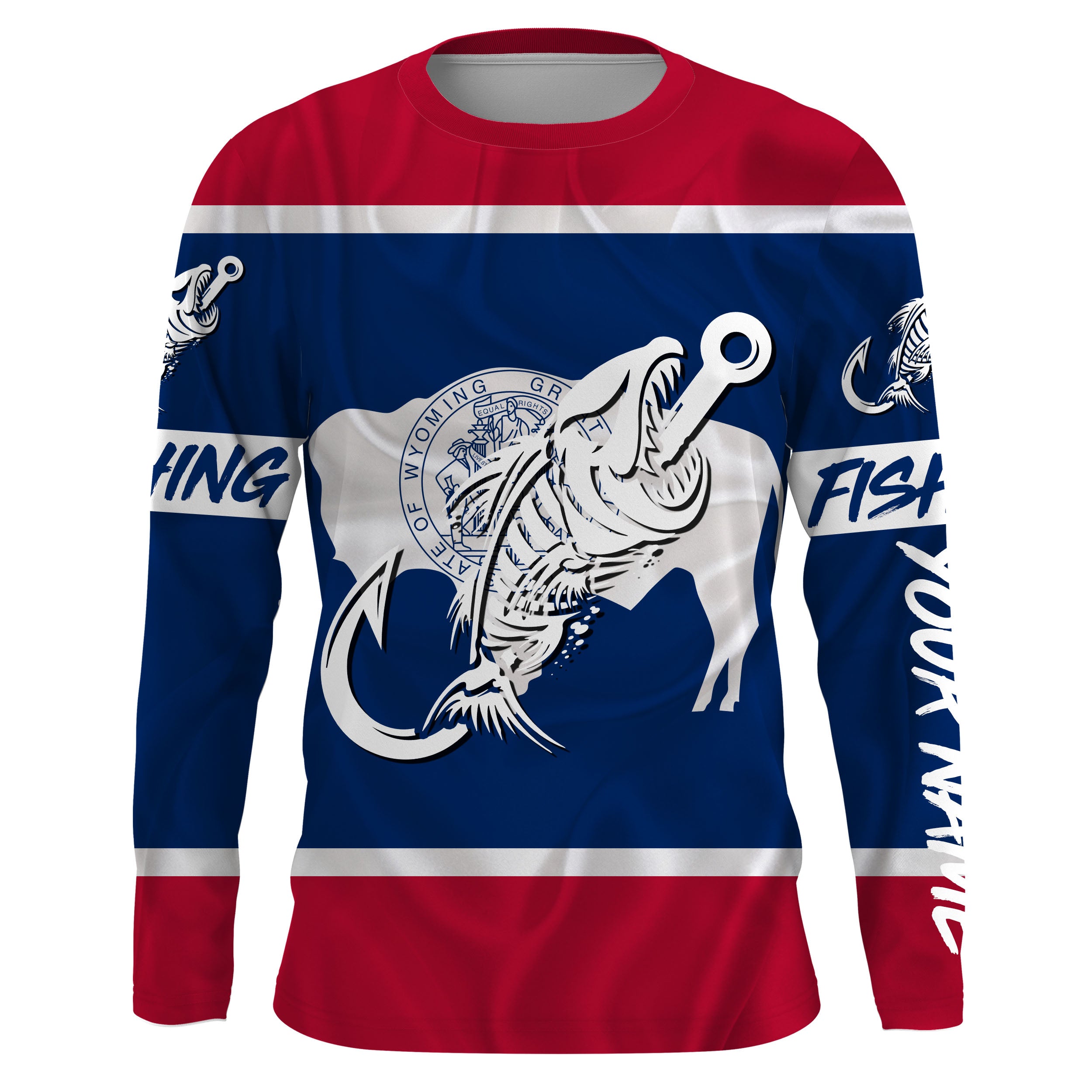 WY Wyoming Fishing Flag Fish hook skull Custom name jerseys | Long sleeve, Long Sleeve Hooded NPQ746