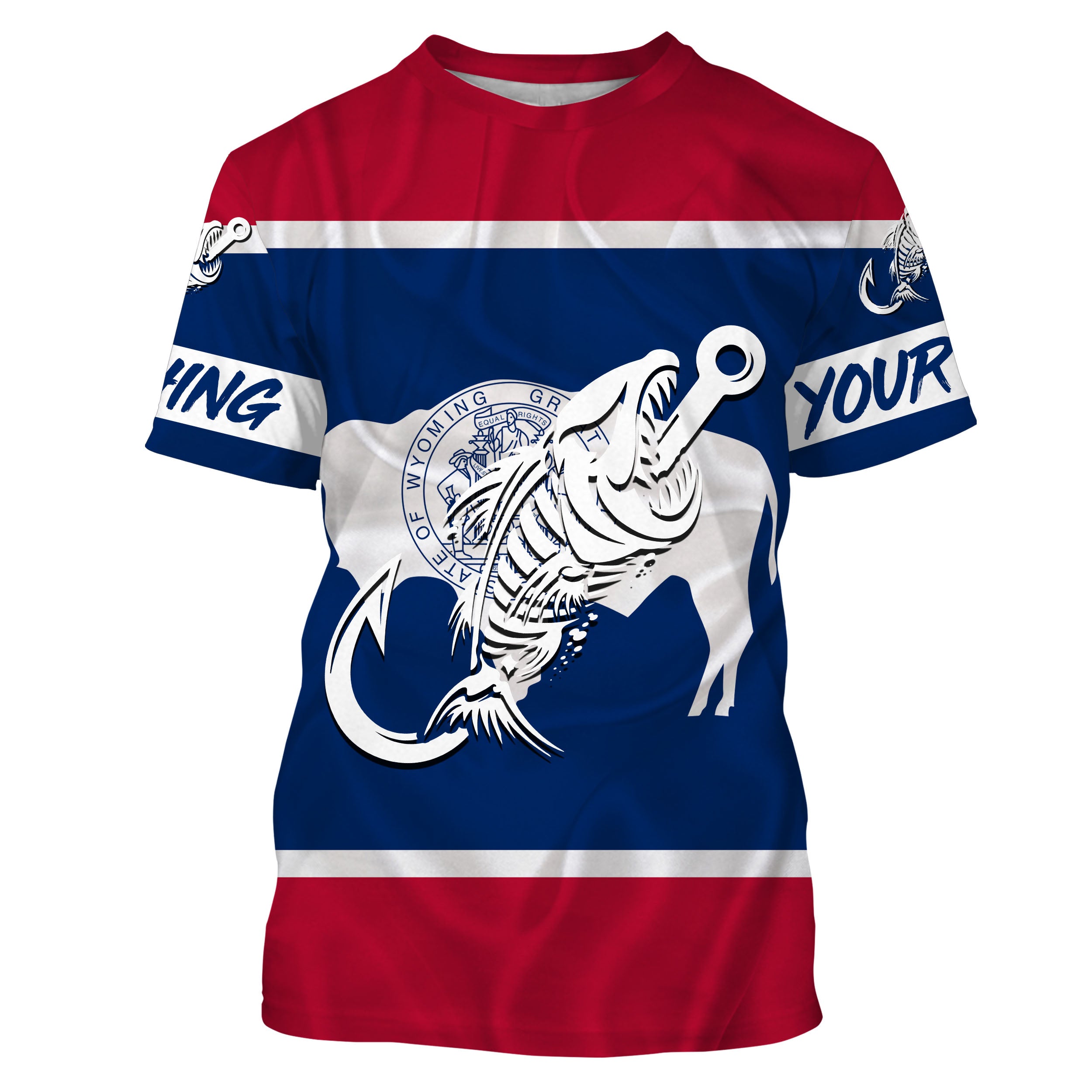 WY Wyoming Fishing Flag Fish hook skull Custom name performance fishing jerseys | Tshirt - NPQ746