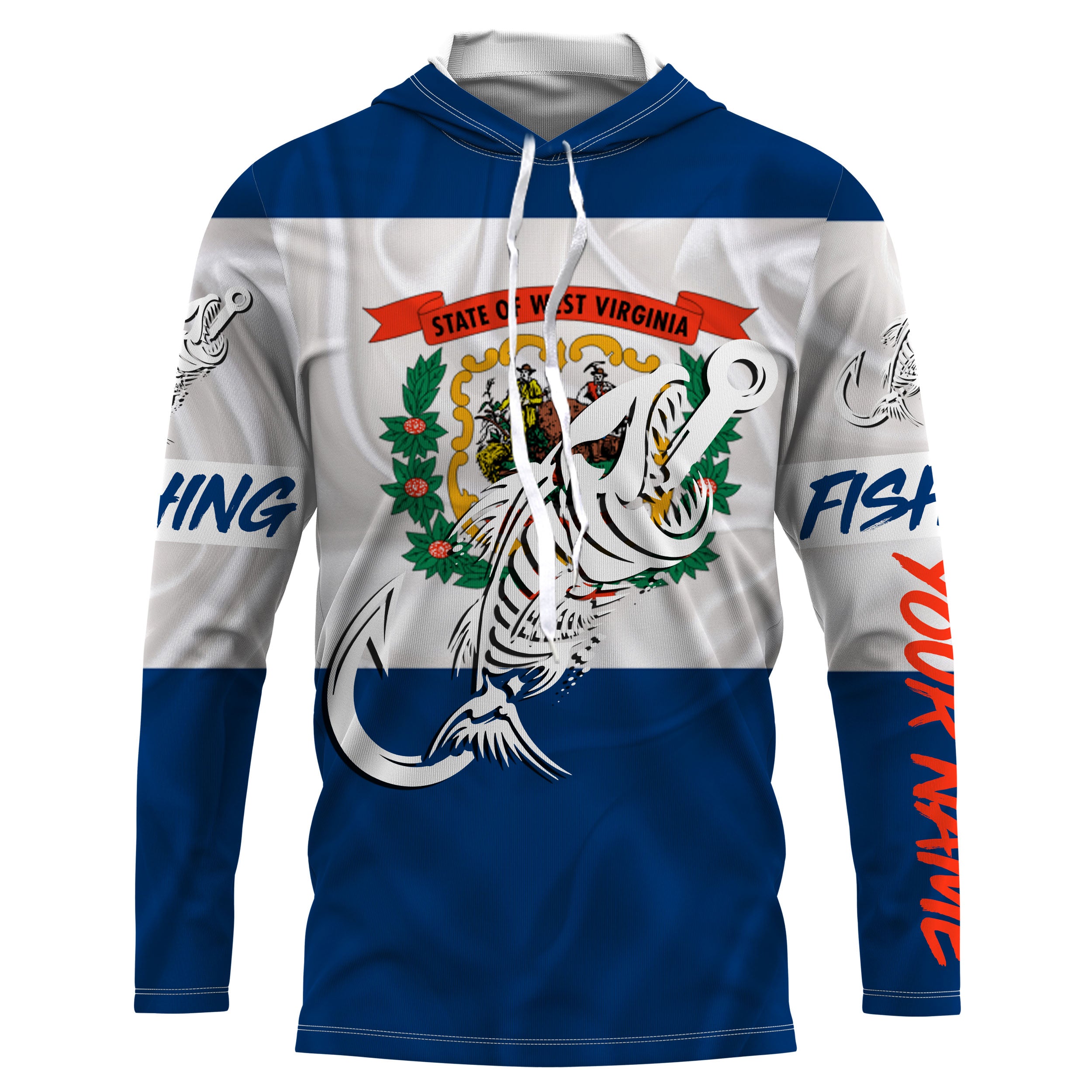 WV West Virginia Fishing Flag Fish hook skull Custom name jerseys | Long sleeve, Long Sleeve Hooded NPQ747