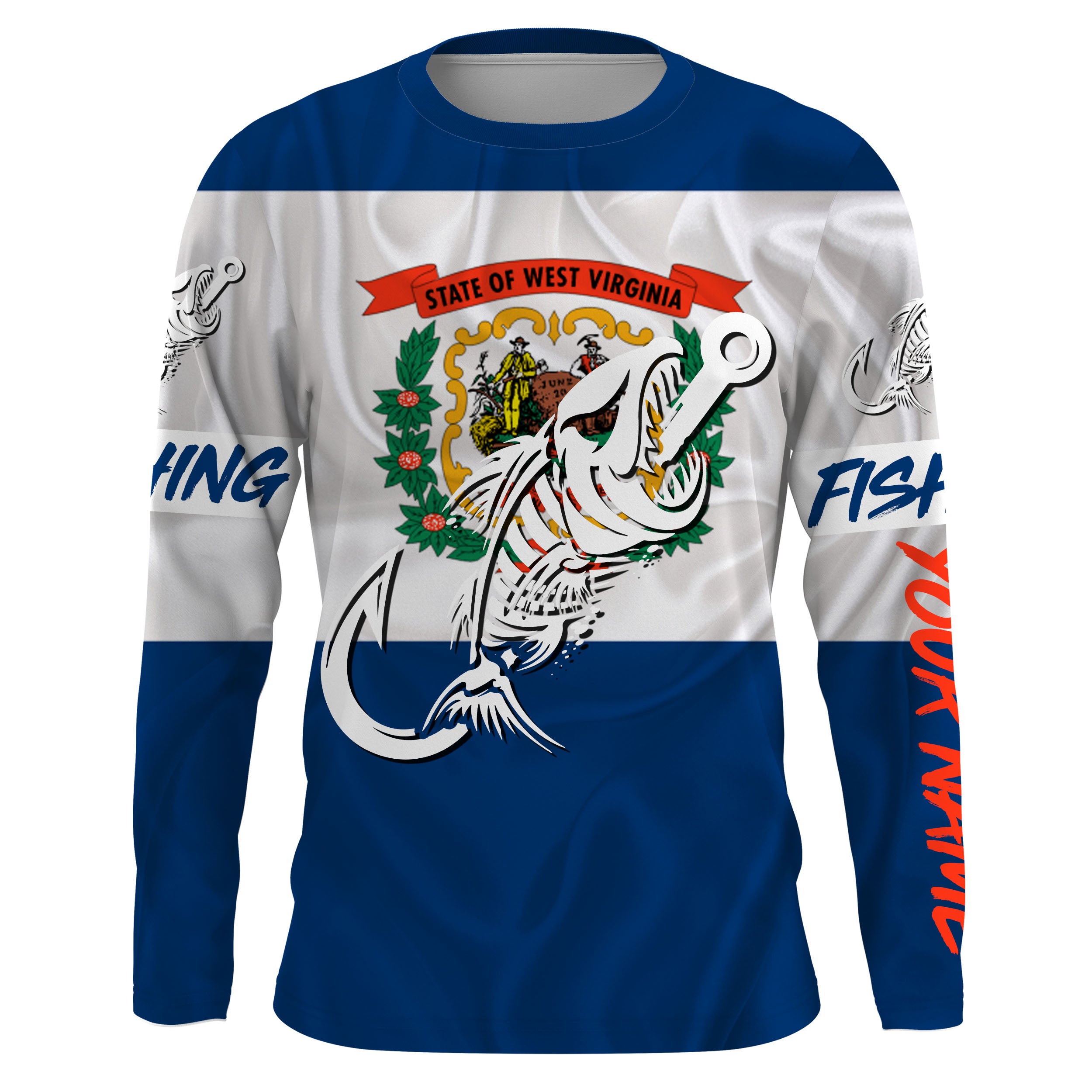 WV West Virginia Fishing Flag Fish hook skull Custom name jerseys | Long sleeve, Long Sleeve Hooded NPQ747