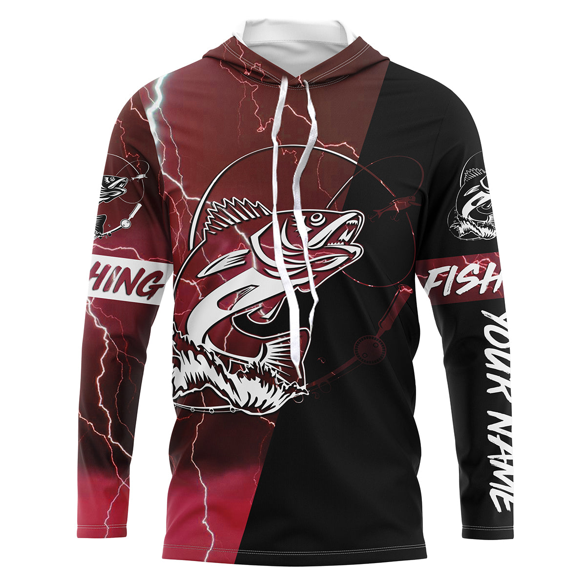 Walleye Fishing tattoo red lightning camo black custom Long sleeve, Long Sleeve Hooded NPQ698