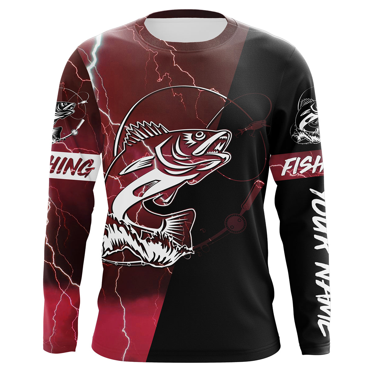 Walleye Fishing tattoo red lightning camo black custom Long sleeve, Long Sleeve Hooded NPQ698