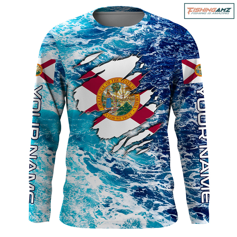 Blue sea wave ocean camo Florida flag Custom name jerseys | Long sleeve, Long Sleeve Hooded NPQ756