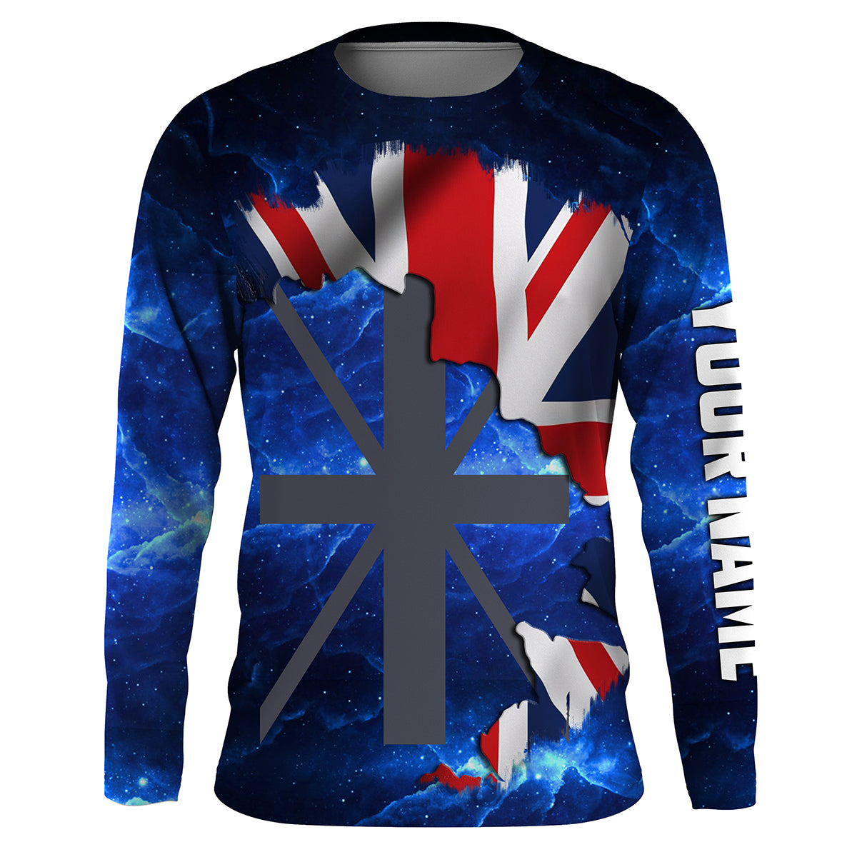 United Kingdom Flag Universe fishing Custom Name Long sleeve, Long Sleeve Hooded Fishing Shirt - NPQ655