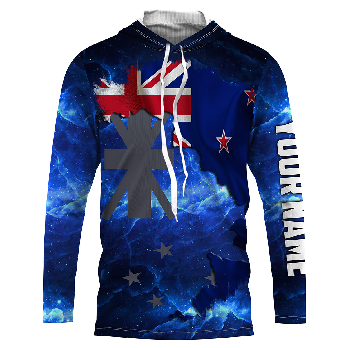 New Zealand Flag Universe fishing Custom Name Long sleeve, Long Sleeve Hooded Fishing Shirt - NPQ657