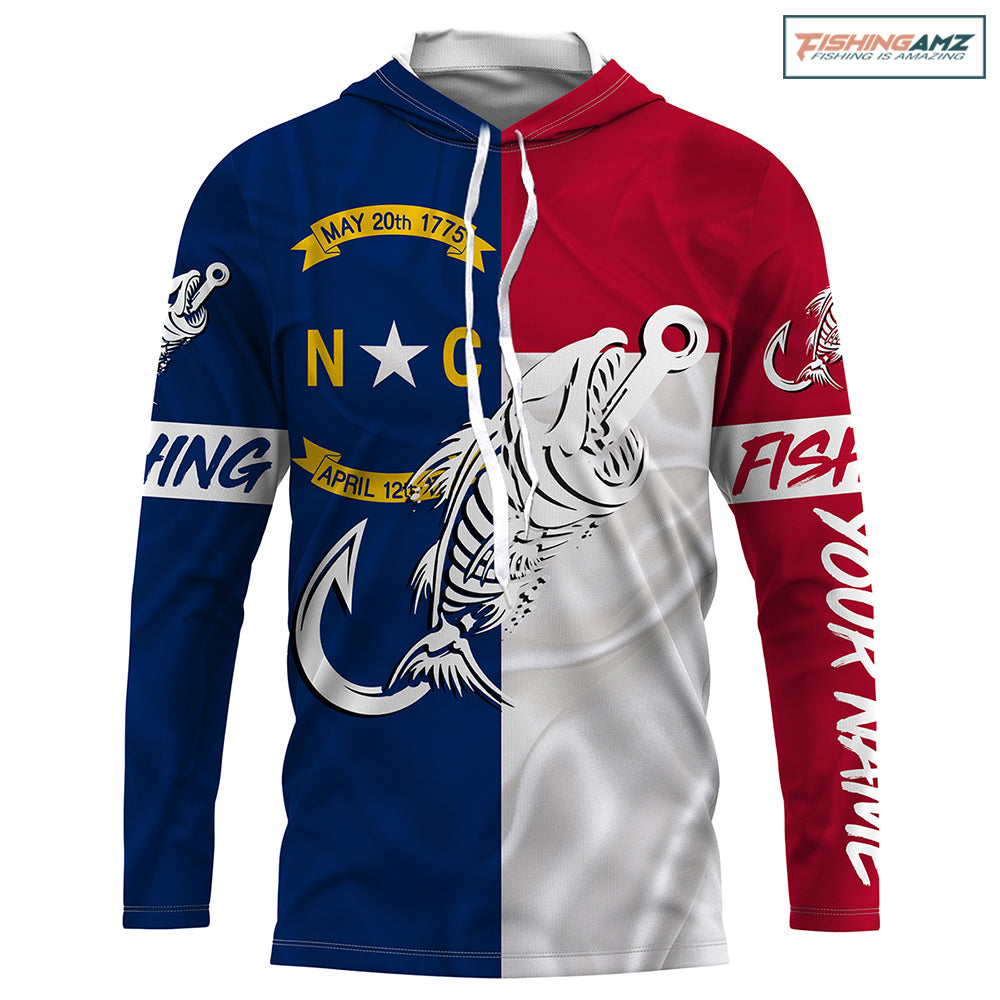 NC Fishing Custom North Carolina Flag Fish hook skull Custom Long sleeve, Long Sleeve Hooded NPQ760