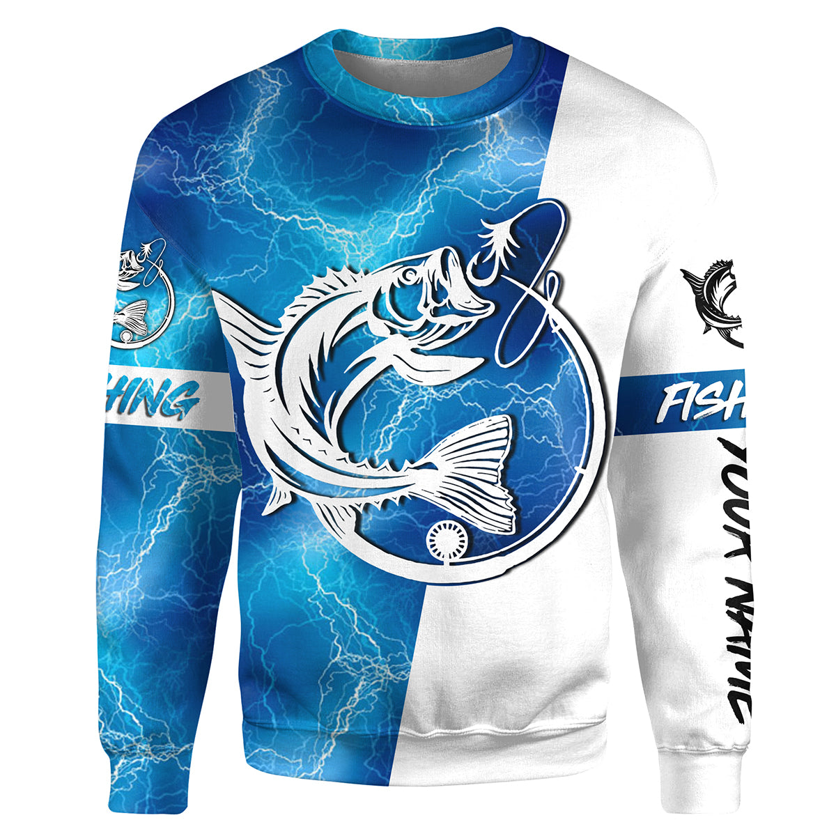 Bass Fishing tattoo blue lightning Customize name All-over Print Crew Neck Sweatshirt NPQ468