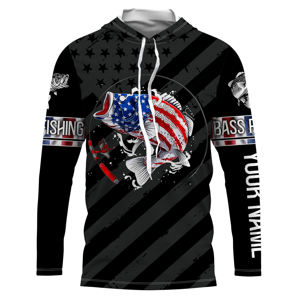 Largemouth Bass fishing black American flag Custom name fishing jerseys | Long sleeve, Long Sleeve Hooded NPQ827