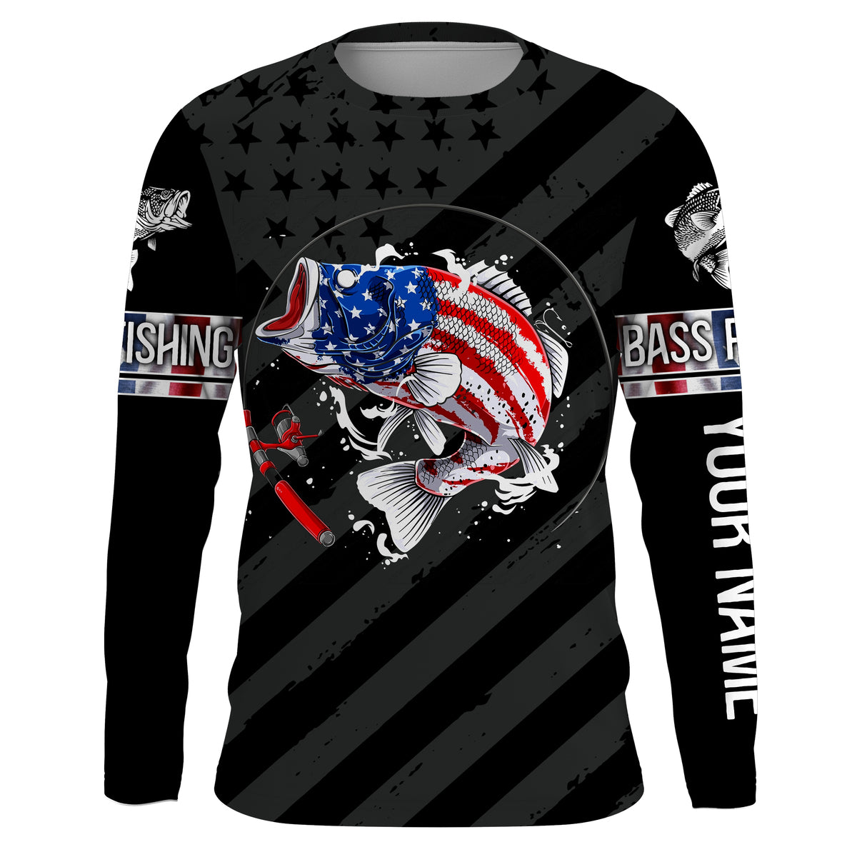 Largemouth Bass fishing black American flag Custom name fishing jerseys | Long sleeve, Long Sleeve Hooded NPQ827