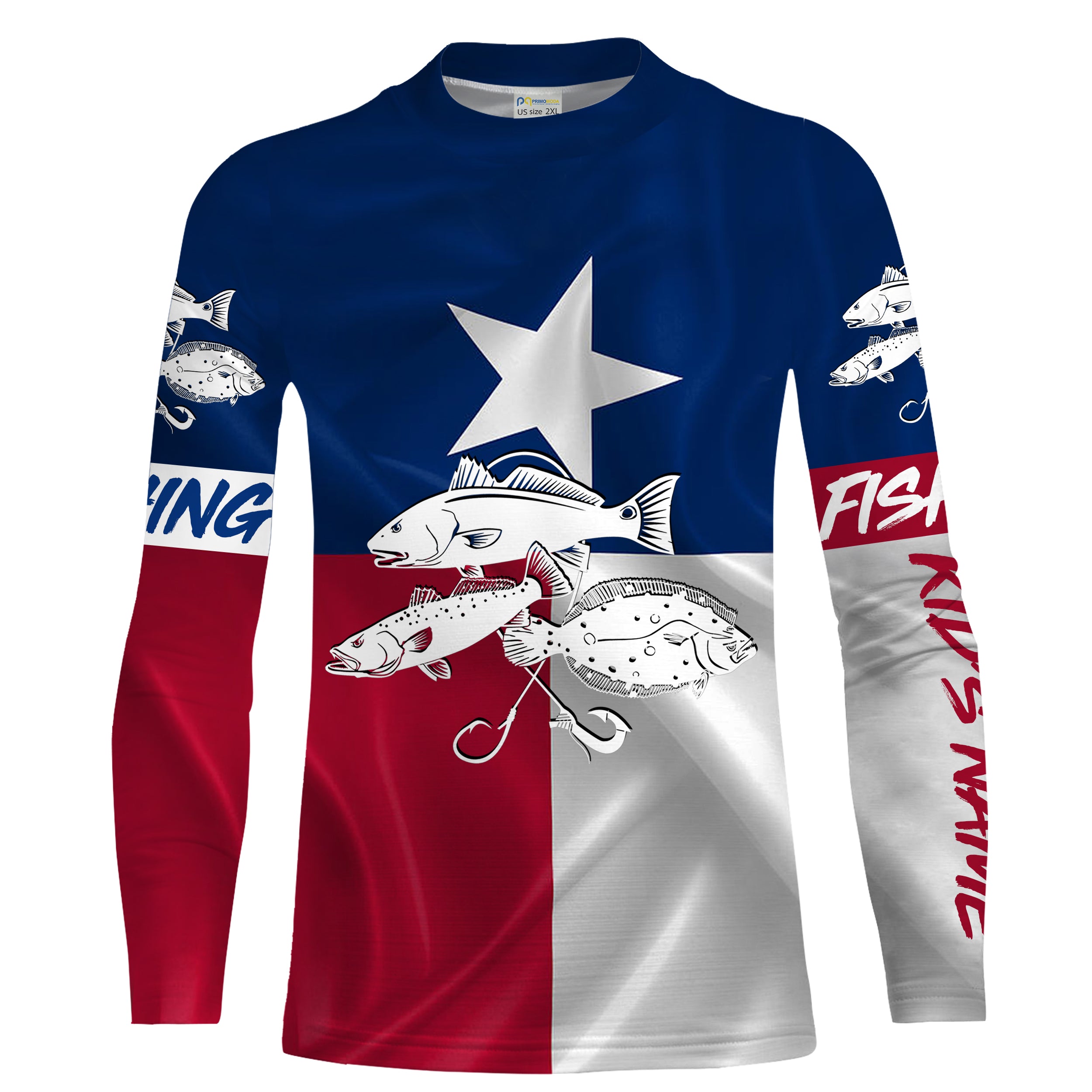 Redfish trout flounder Texas Slam fishing Texas Flag UV protection Custom name Kid long sleeves NPQ3