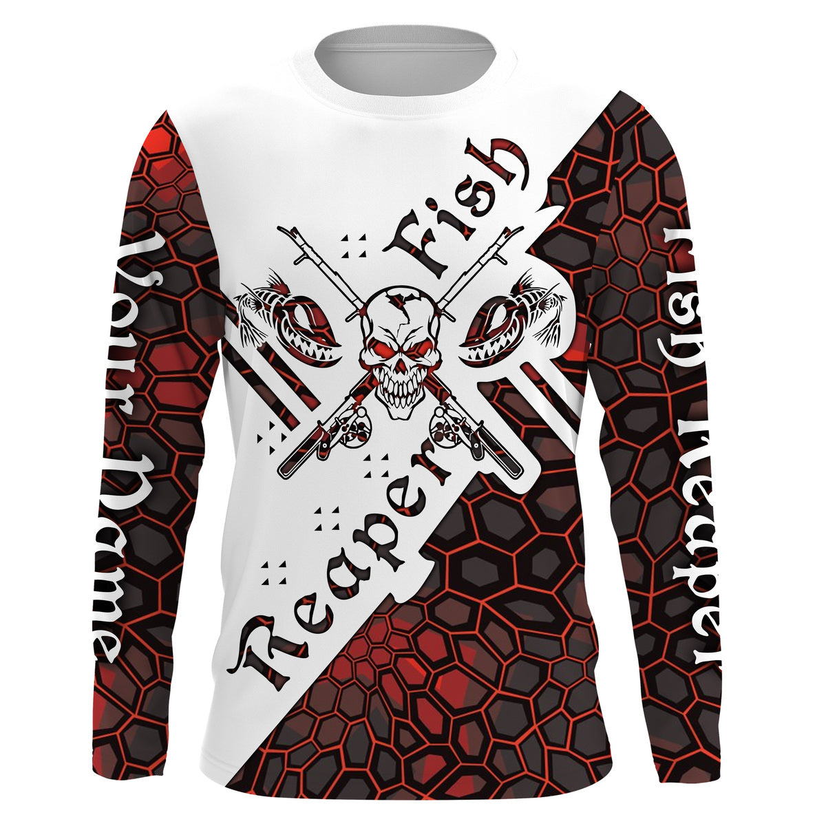 Fish reaper skull red camo Custom name Long sleeve, Long Sleeve Hooded NPQ915