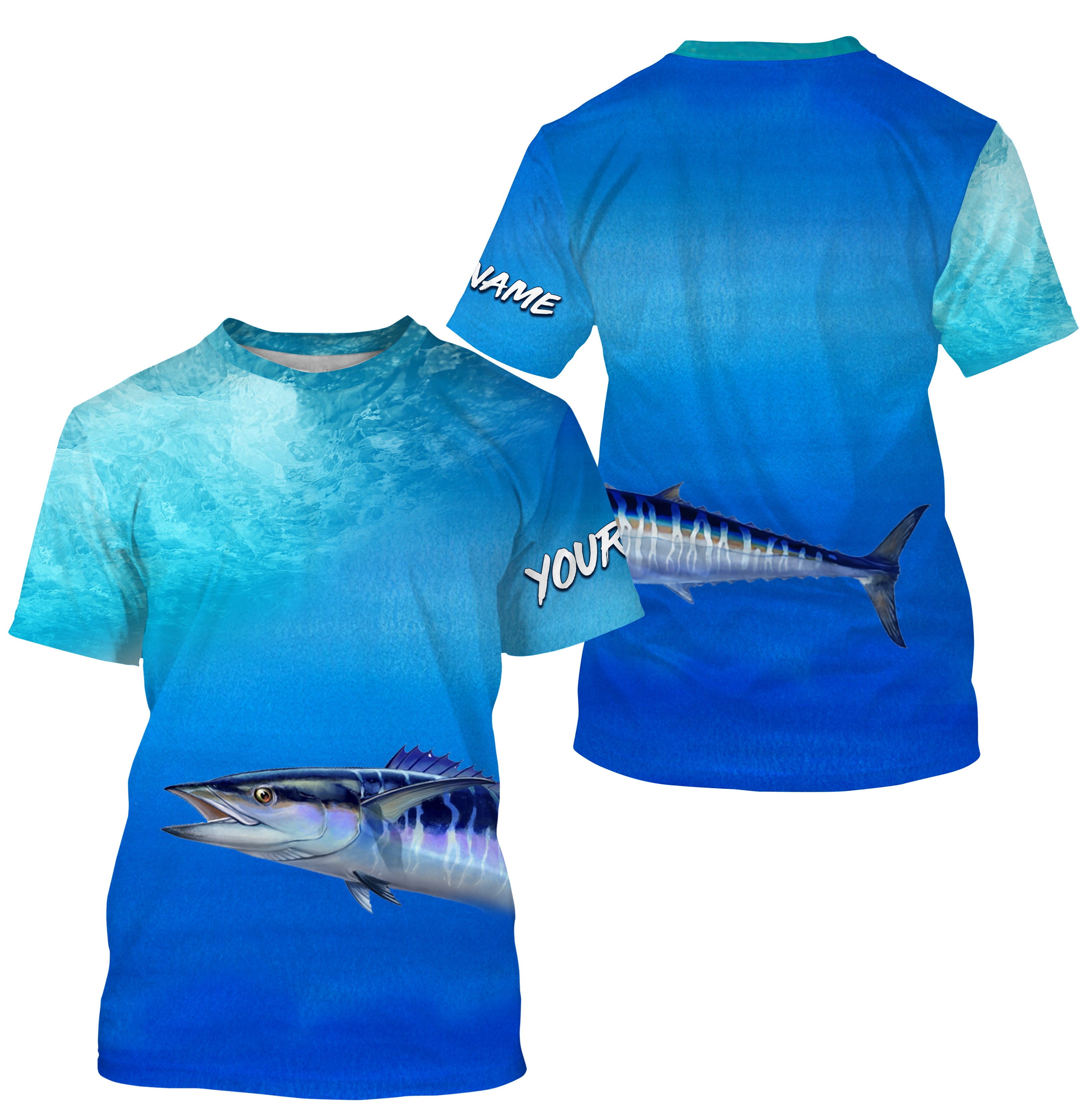 Wahoo fishing scales blue ocean sea wave camo Custom name performance fishing jerseys | Tshirt - NPQ723