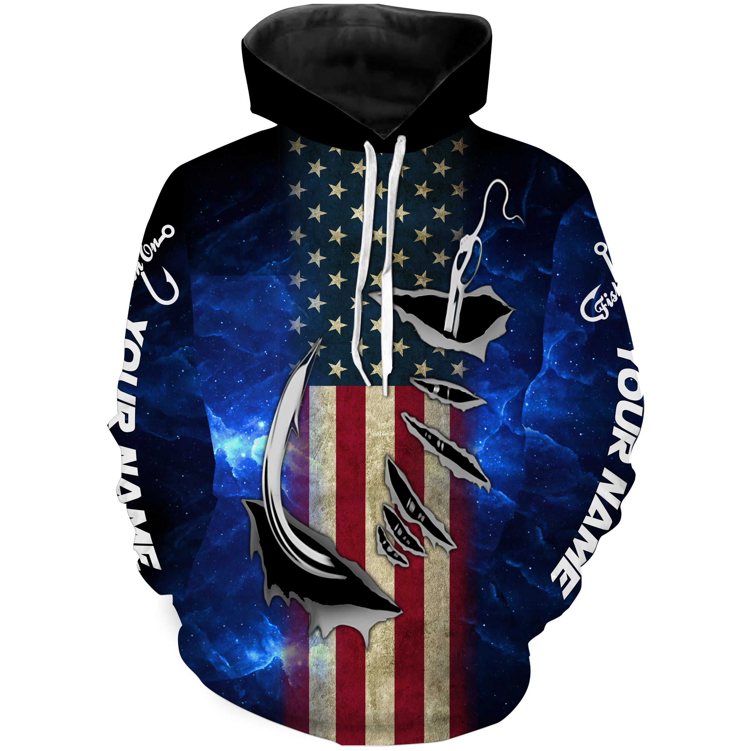 American flag fish hook blue galaxy fishing Custom fishing tournament shirts | Hoodie - NPQ589