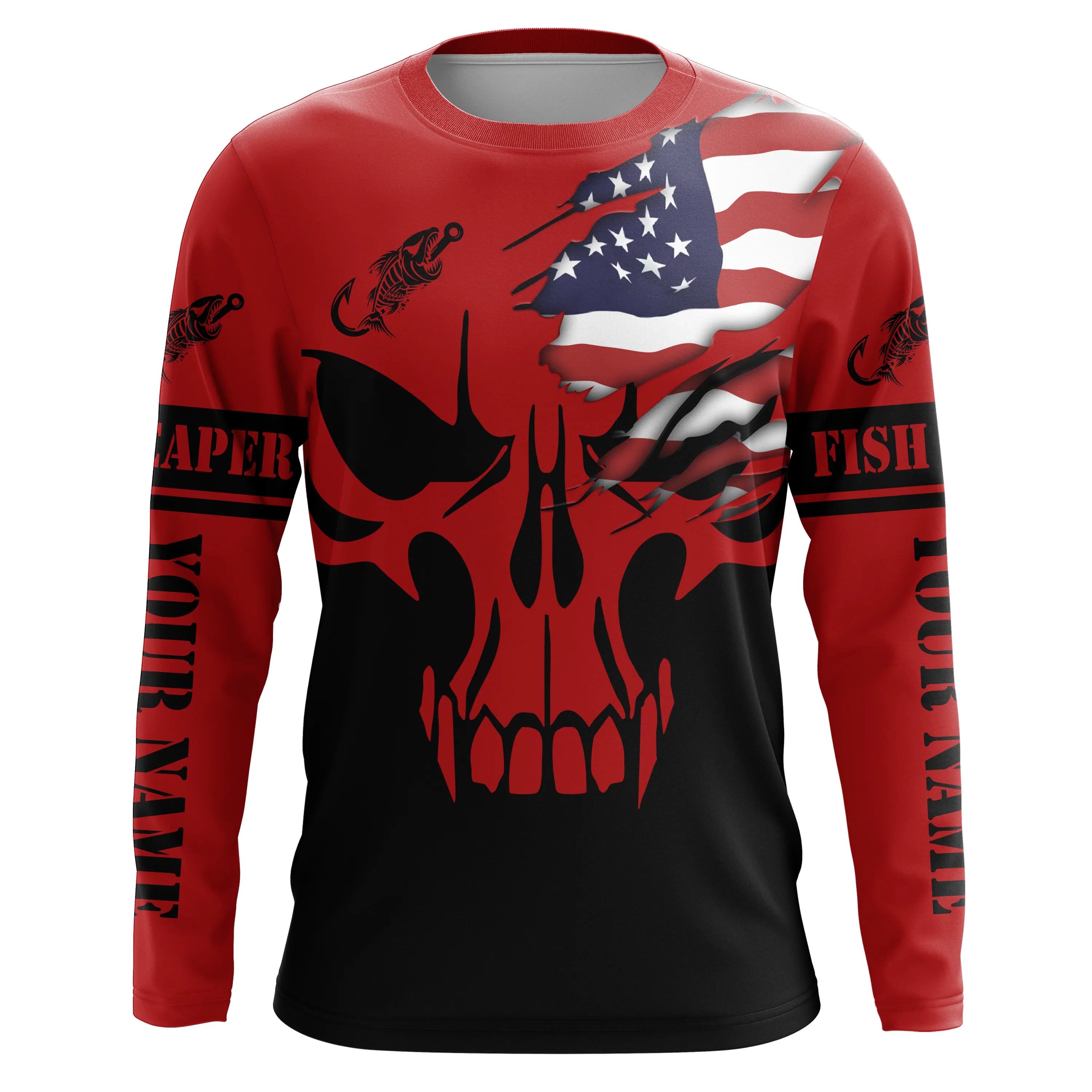 Custom American flag fishing fish reaper skull red and black Fishing Jerseys| Long sleeve shirts NQS4836